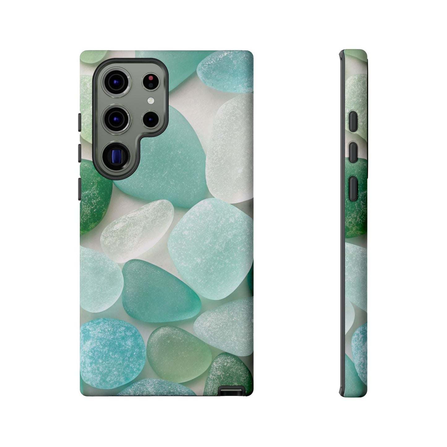 Samsung tough phone case with calming sea glass design in shades of blue and green, durable and impact-resistant for Galaxy models.