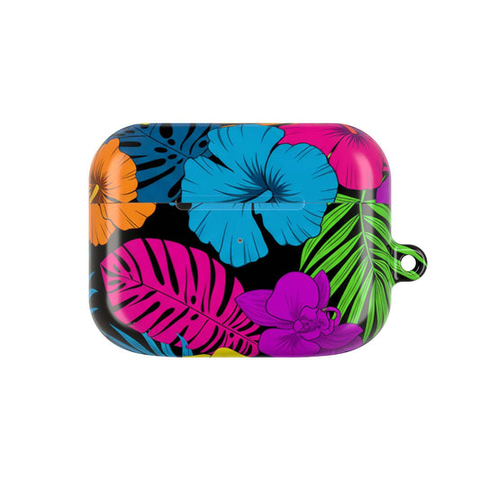 Slim glossy modern tropical floral AirPod case with carabiner and wireless charging cutouts