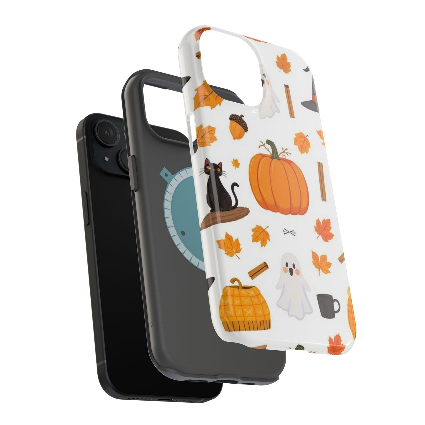Halloween iPhone case with pumpkins, ghosts, black cat, and autumn leaves design