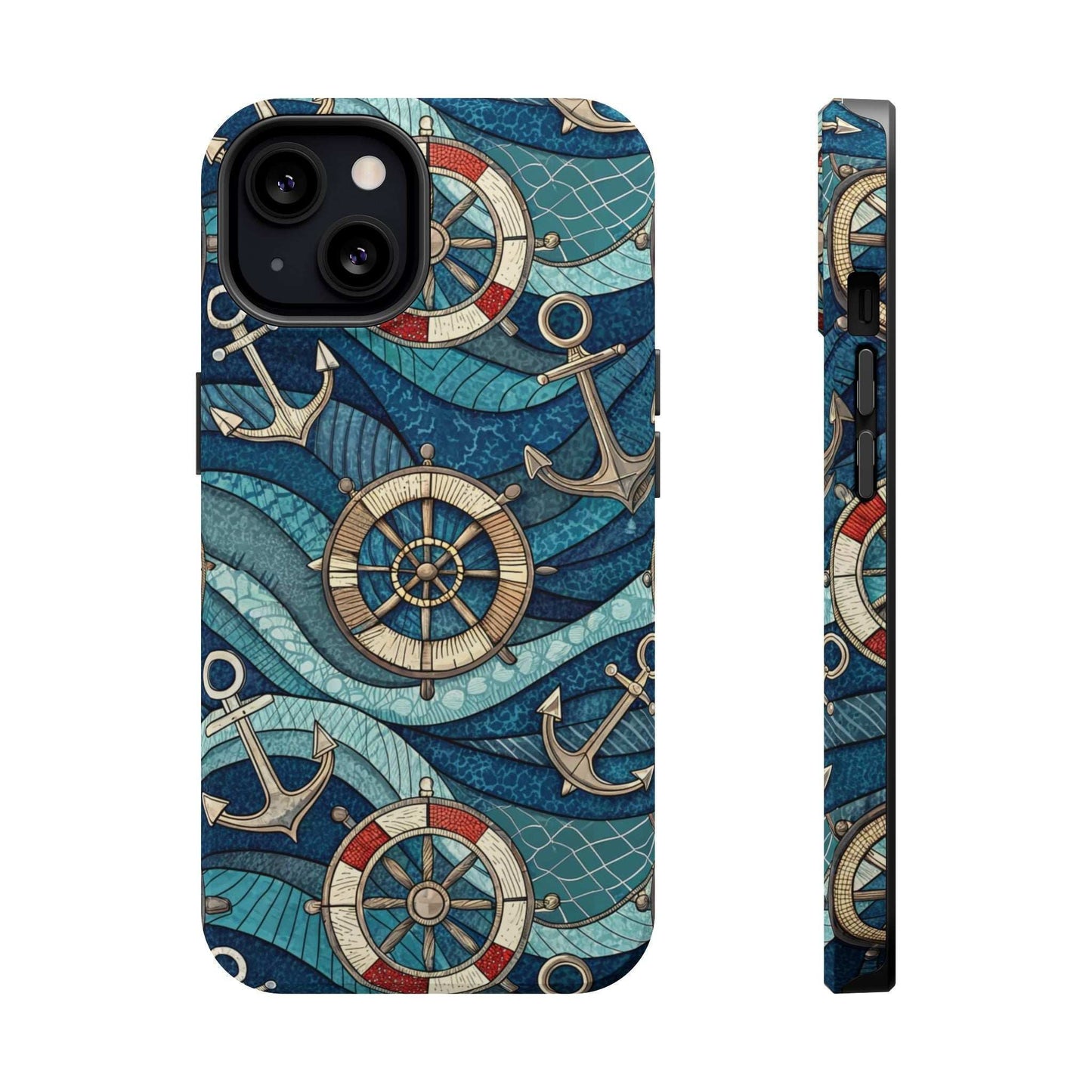 Nautical Theme iPhone case with anchors and ship wheels design for iPhone 13-16, durable coastal style protection