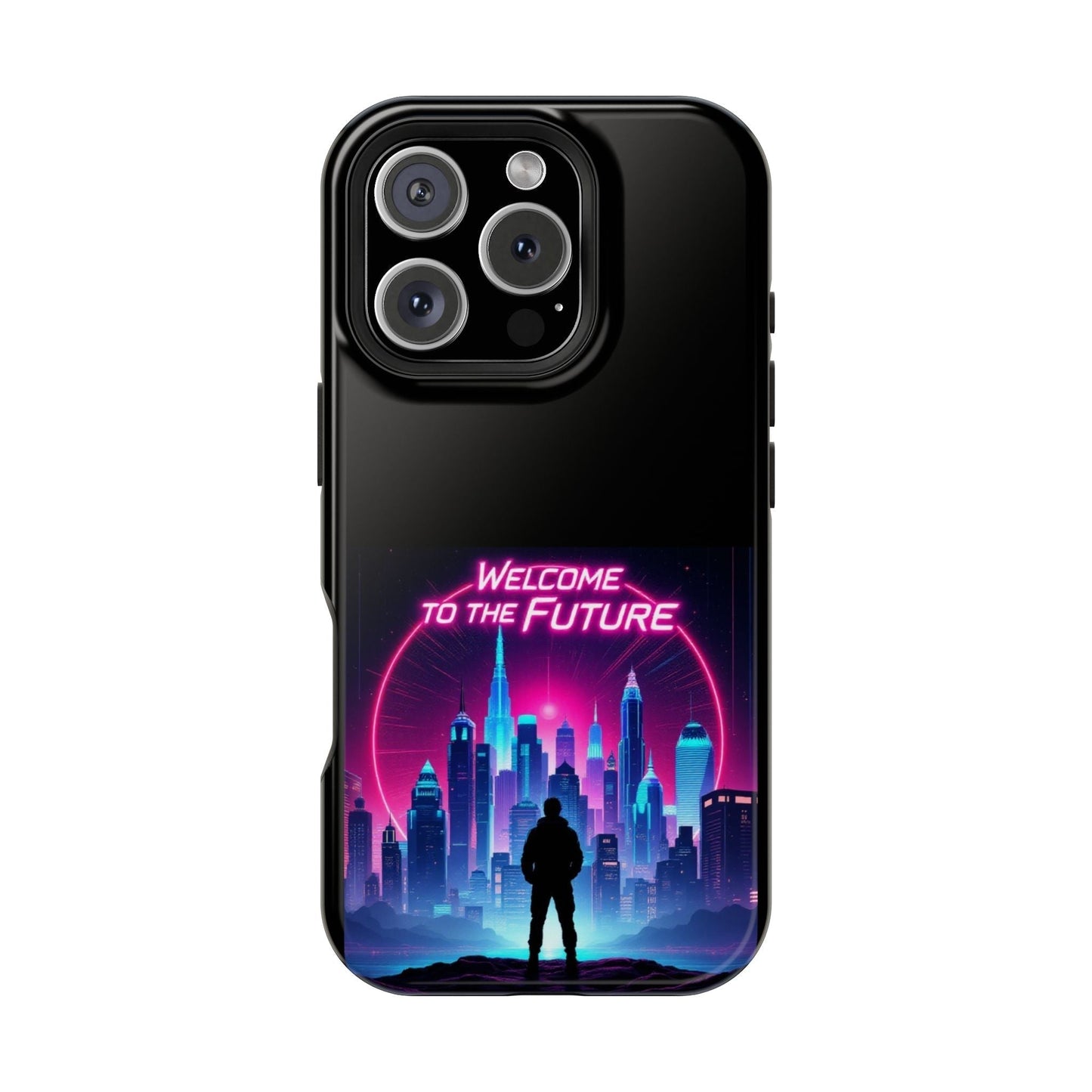 Futuristic Vibe iPhone Case with neon cityscape and "Welcome to the Future" text, MagSafe compatible and protective design