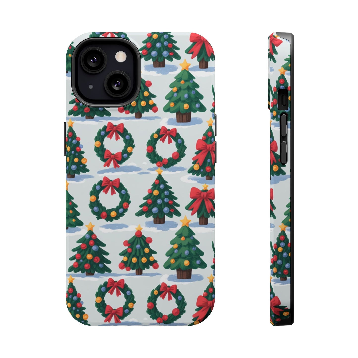 iPhone case with festive Holiday Tree and Wreath pattern in vibrant Christmas colors, durable dual-layer protection with MagSafe compatibility