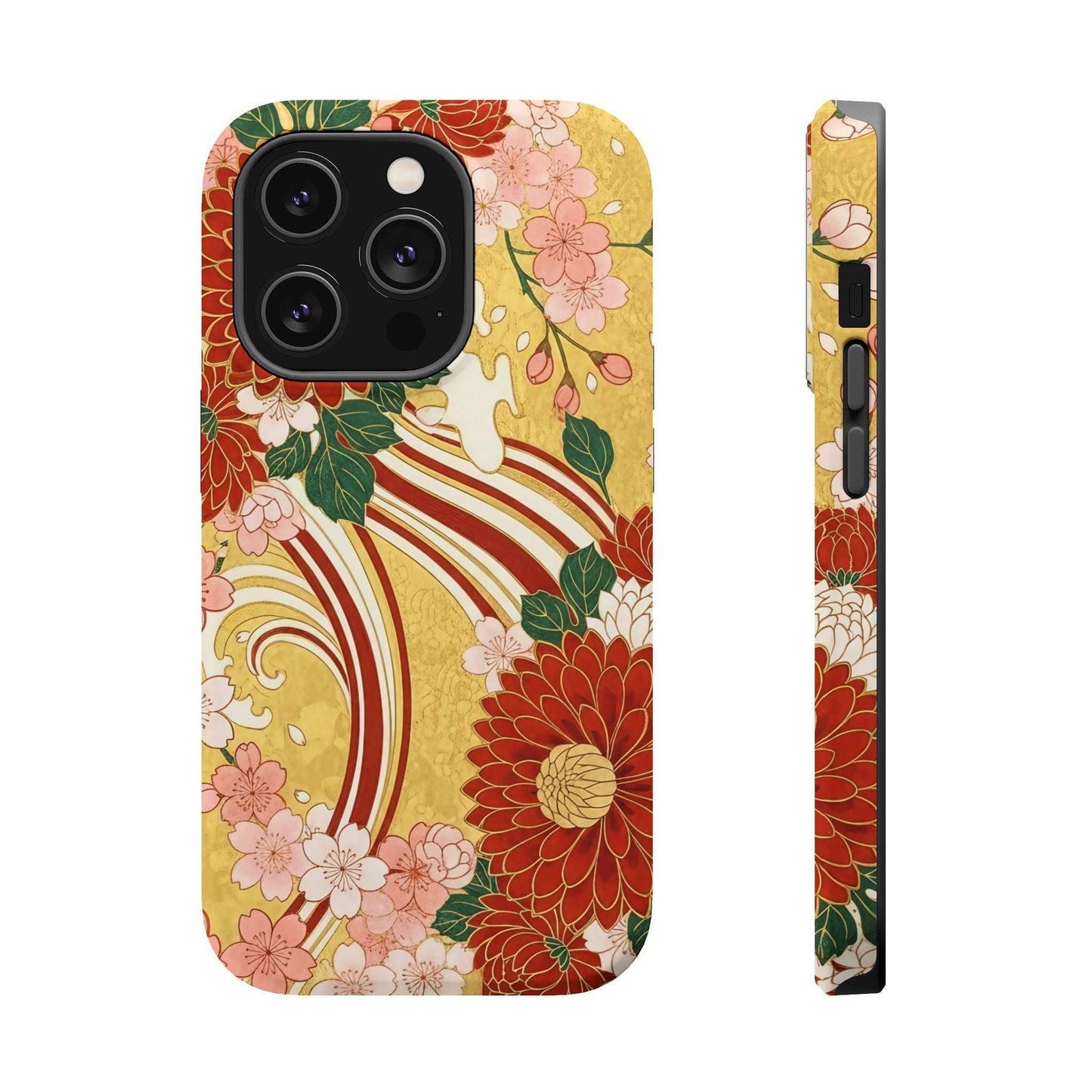 iPhone case with Japanese chrysanthemum and cherry blossom design, impact-resistant, MagSafe compatible, slim protective cover