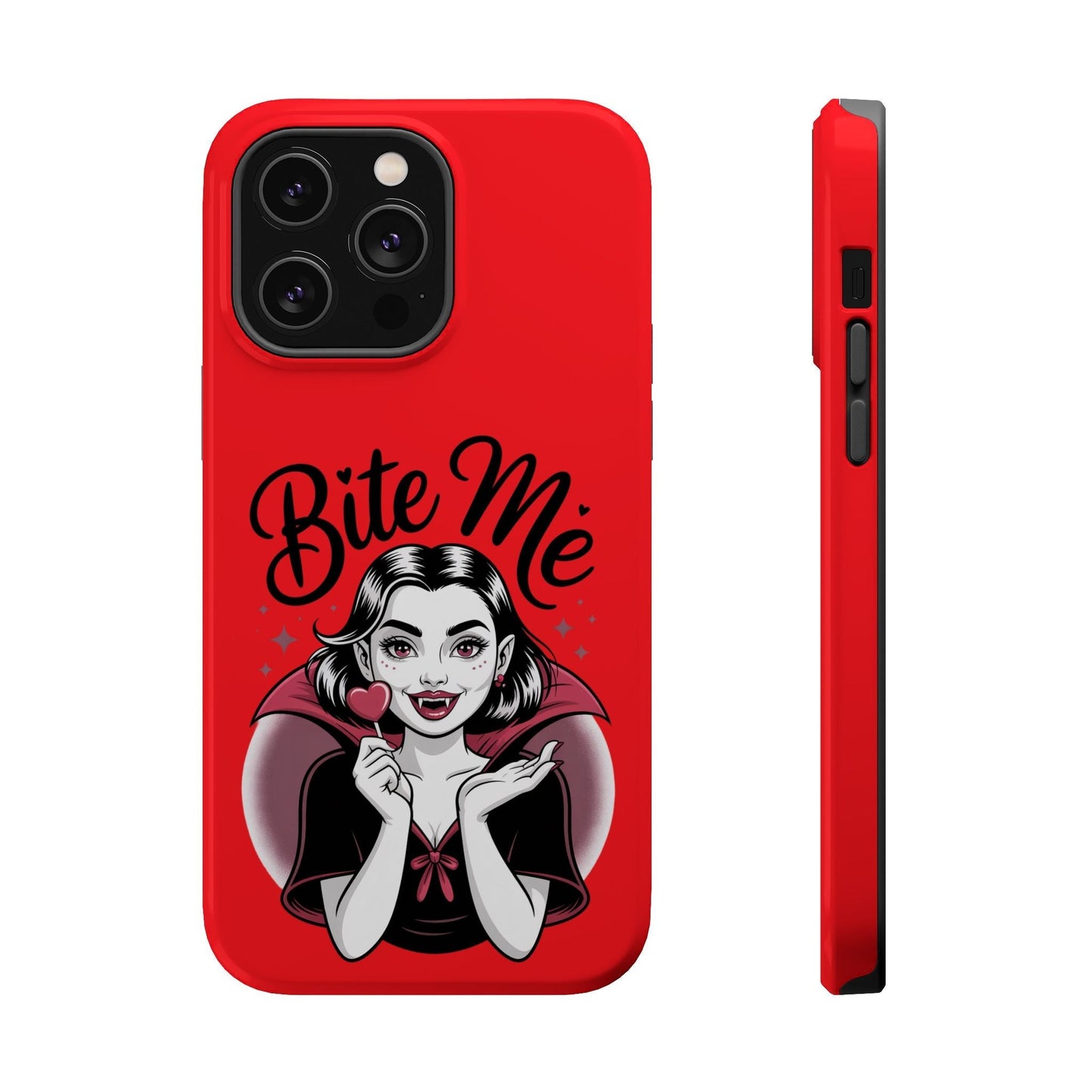 Red Halloween Vampire iPhone tough case with "Bite Me" text and vampire girl graphic, durable protective design, MagSafe compatible.