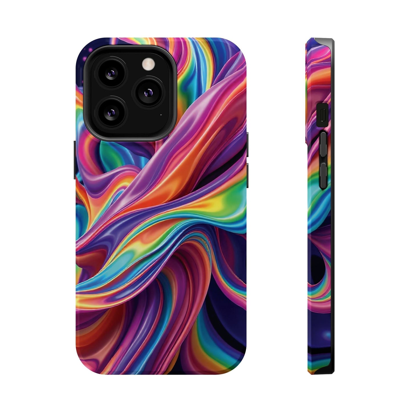 iPhone tough case with vibrant wrapping rainbow design and MagSafe compatibility