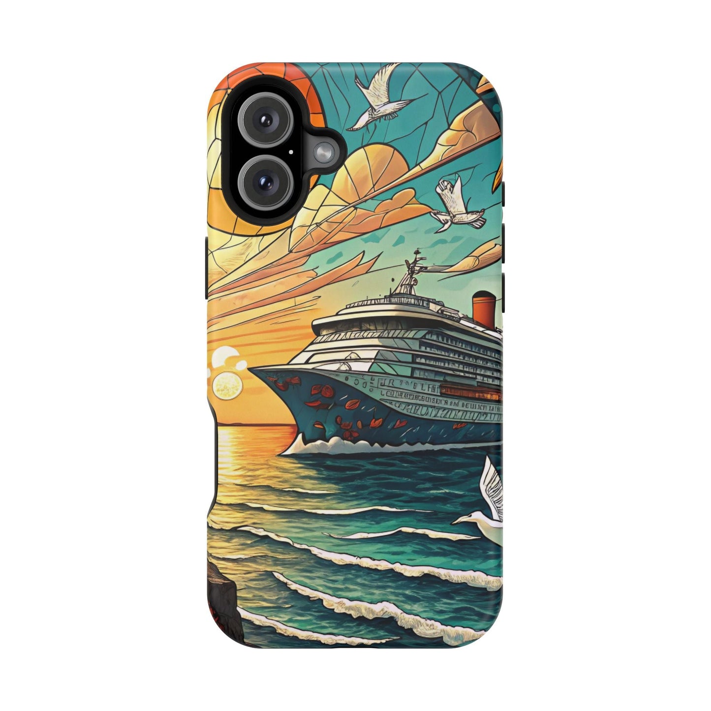 Cruise Vacation iPhone tough case with ocean sunset cruise ship design and MagSafe support