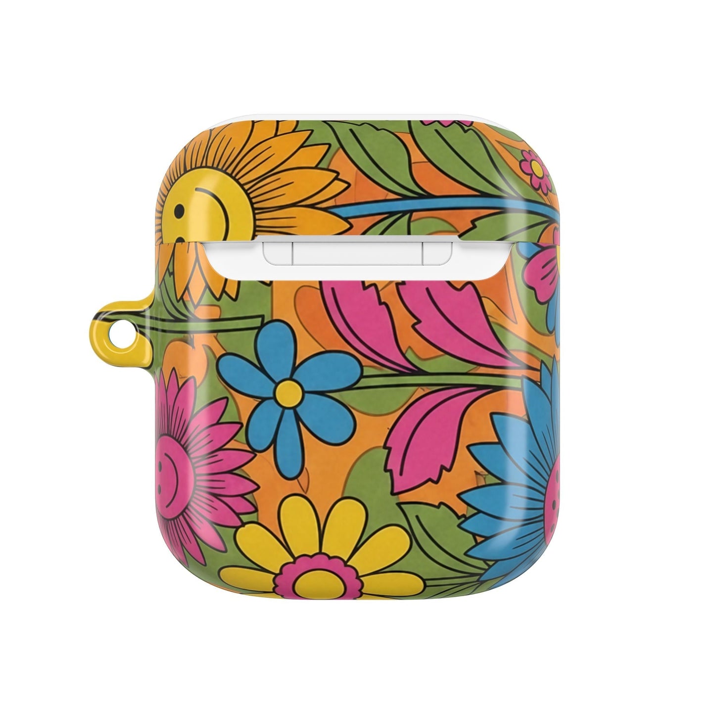Colorful Flower Power AirPod Case with bright floral design and carabiner attachment