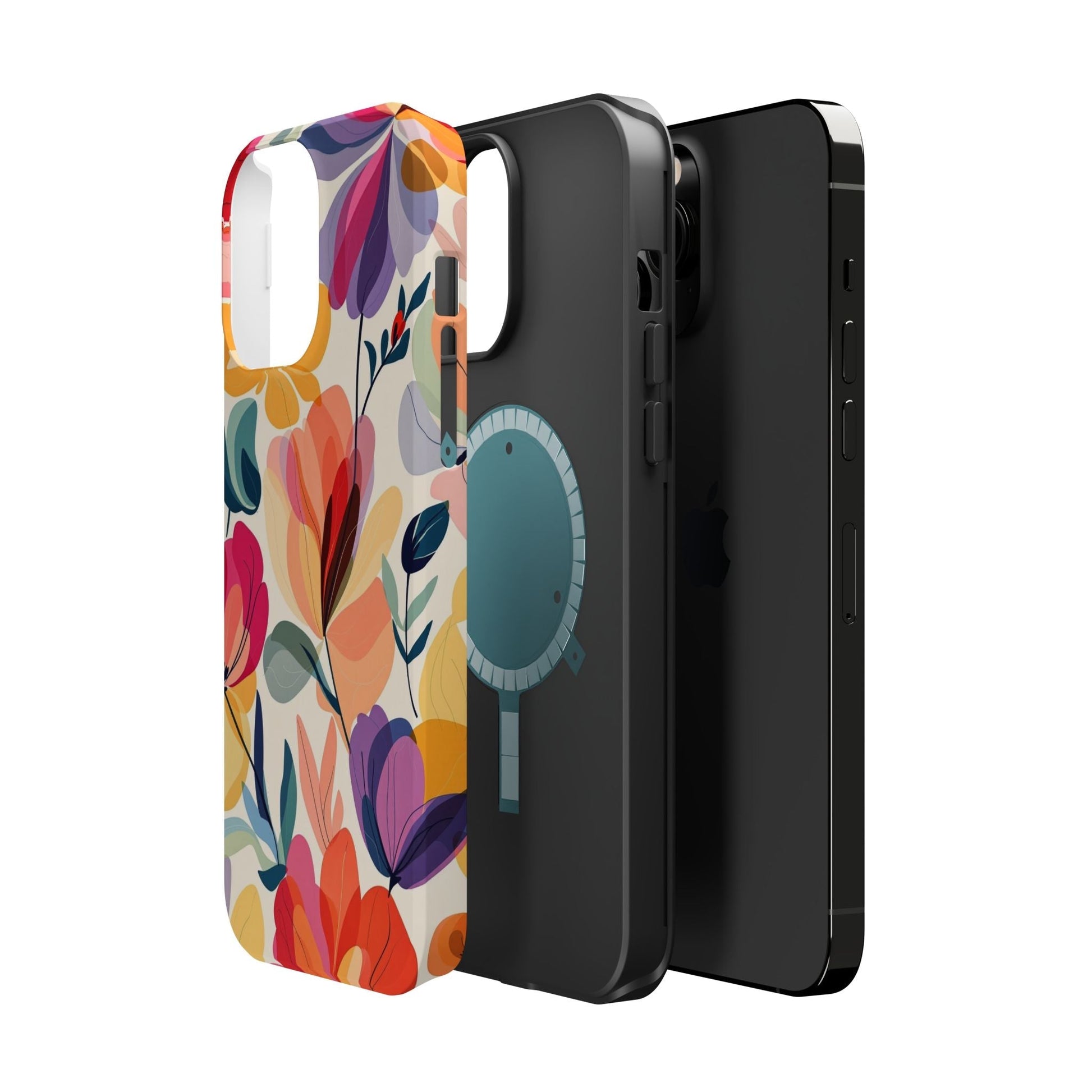 Watercolor floral iPhone case with vibrant colors, durable polycarbonate dual-layer construction, MagSafe compatible, available in glossy or matte finish