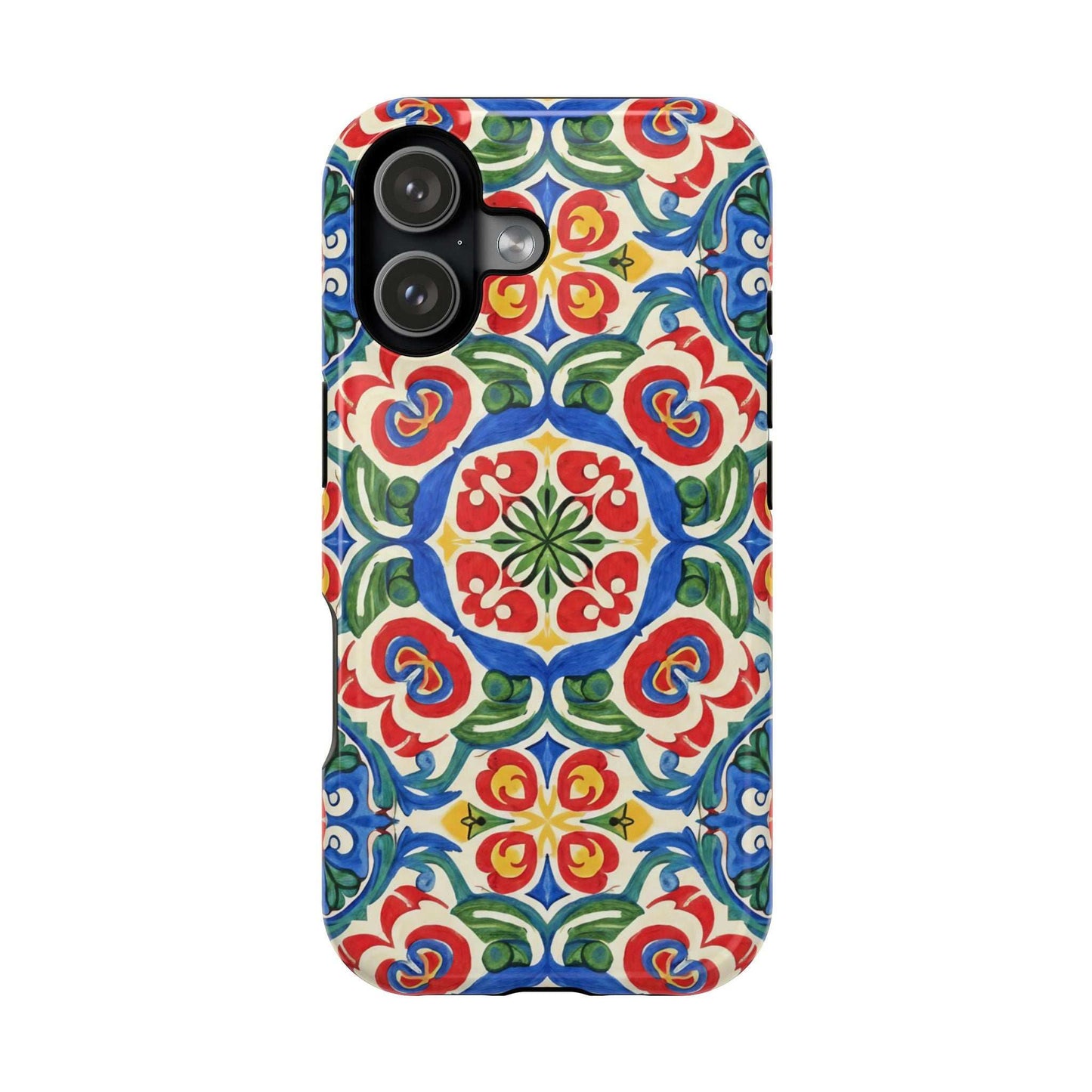 Mediterranean iPhone case with colorful hand-painted folk tile pattern and impact-resistant protection