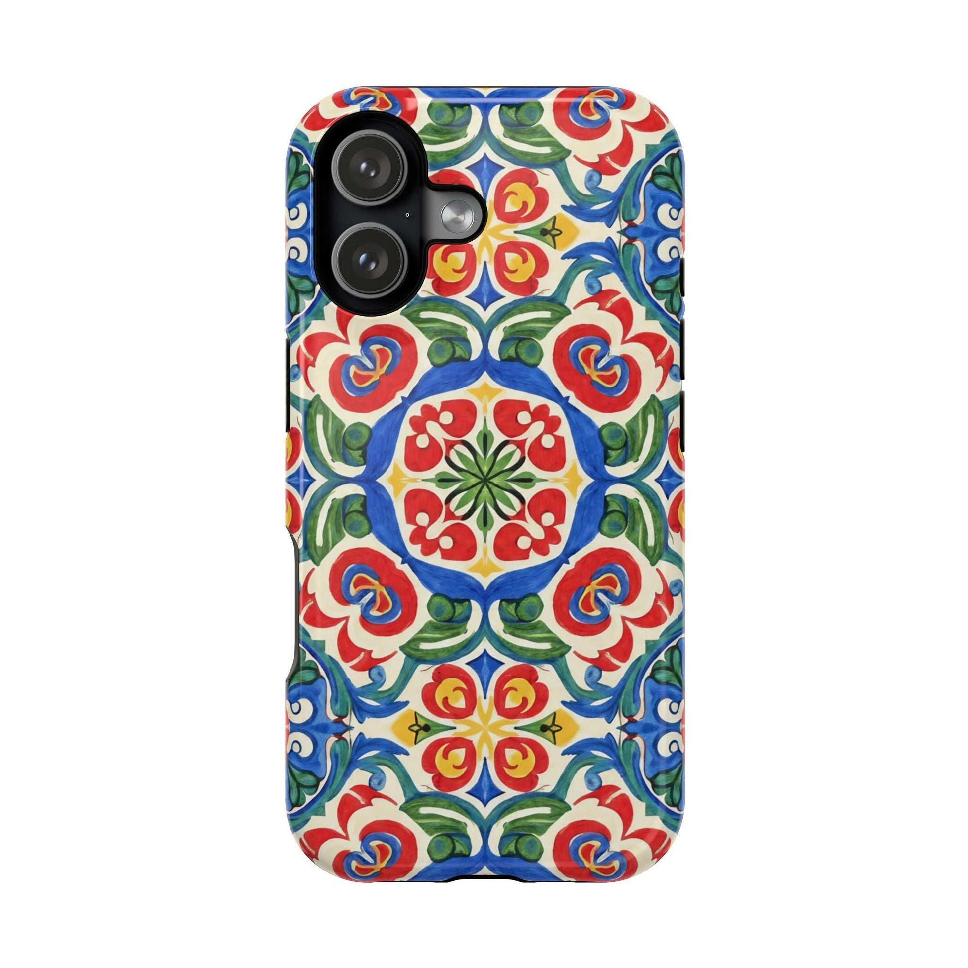 Mediterranean iPhone case with colorful hand-painted folk tile pattern and impact-resistant protection