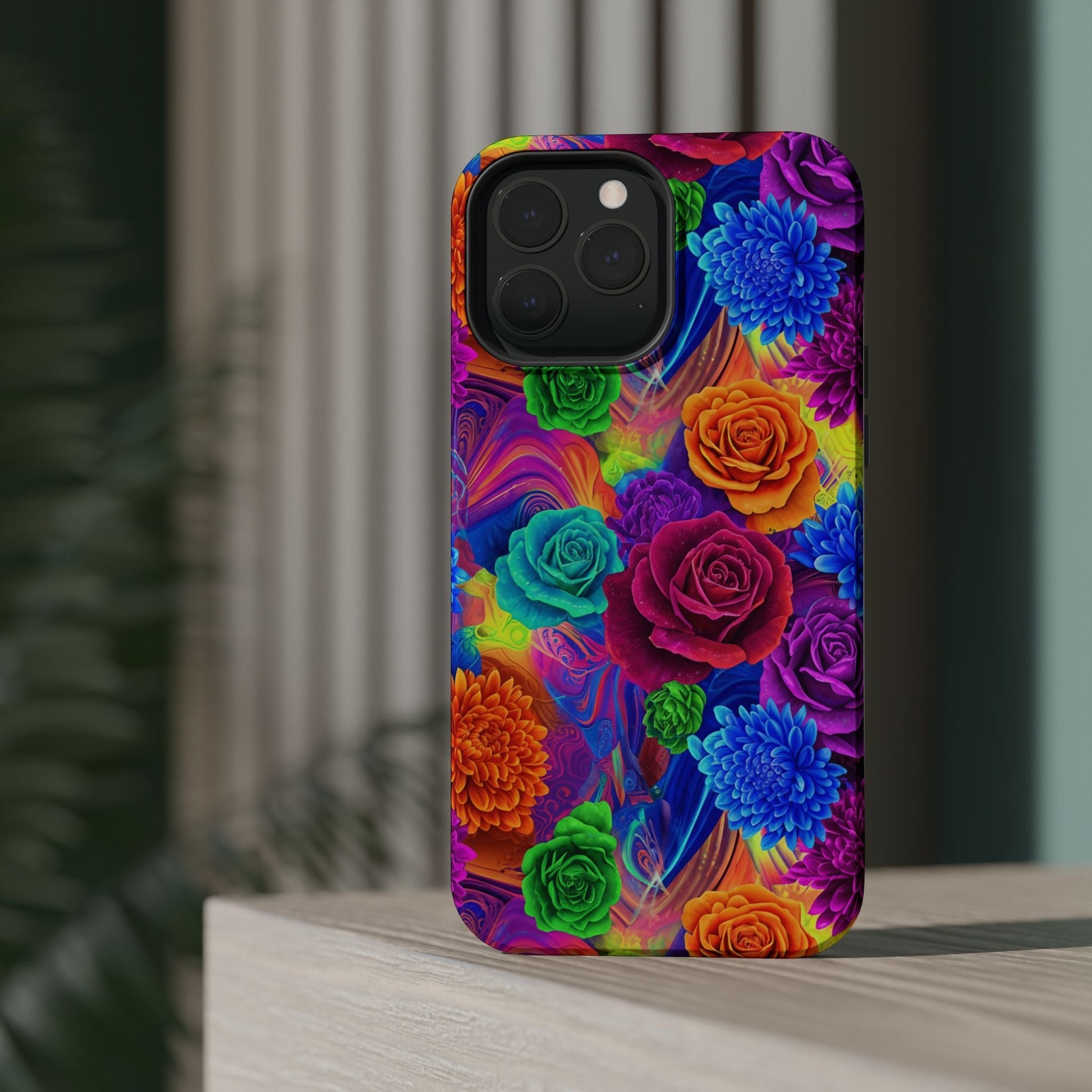 iPhone Tough Case with vibrant seamless floral pattern, impact-resistant dual-layer design, MagSafe compatible, glossy finish