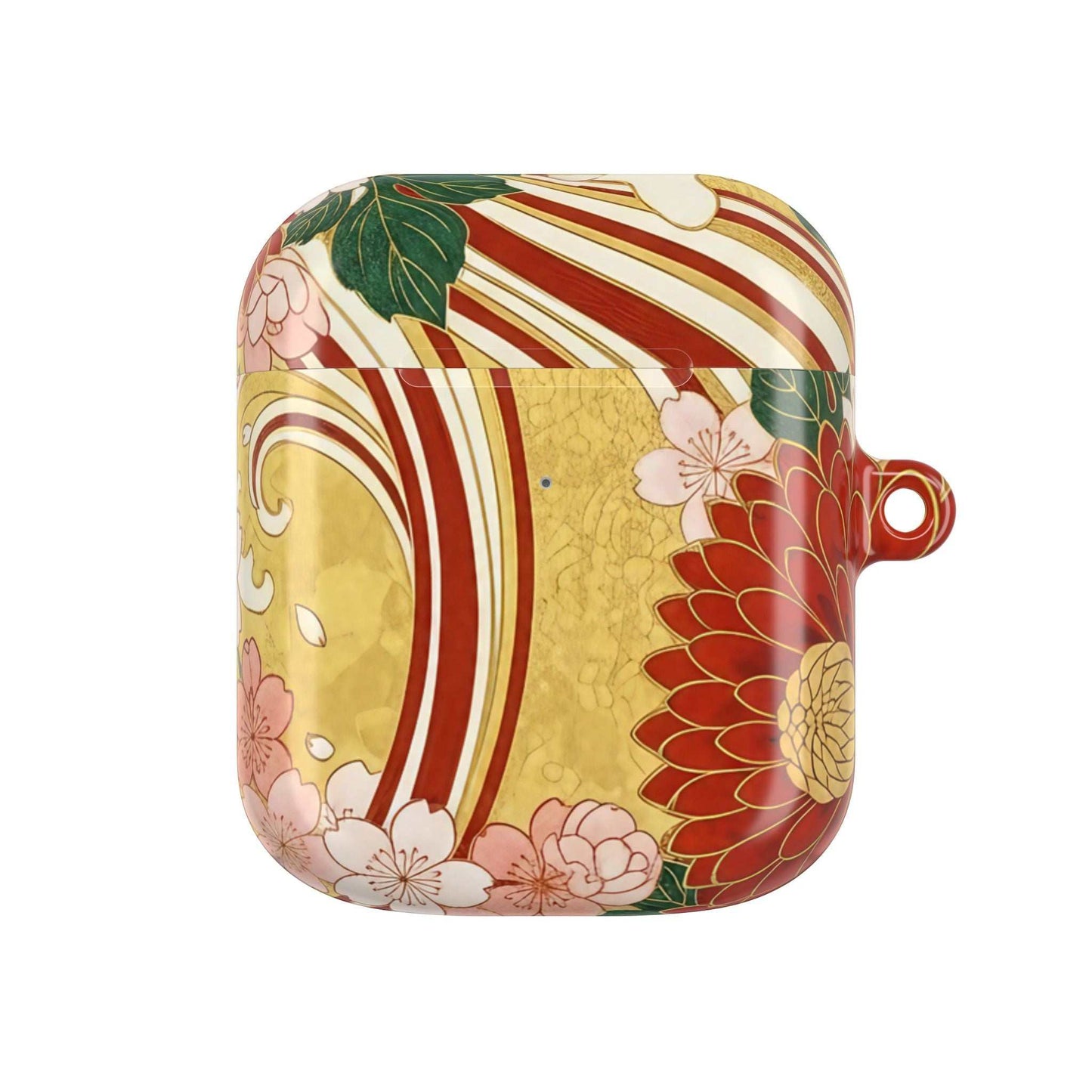 AirPod case with Japanese floral gold chrysanthemum design and carabiner clip