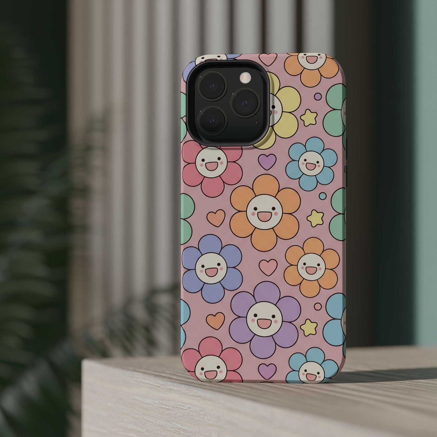 Happy Flower iPhone tough case with colorful smiling flower design and magnetic impact-resistant protection