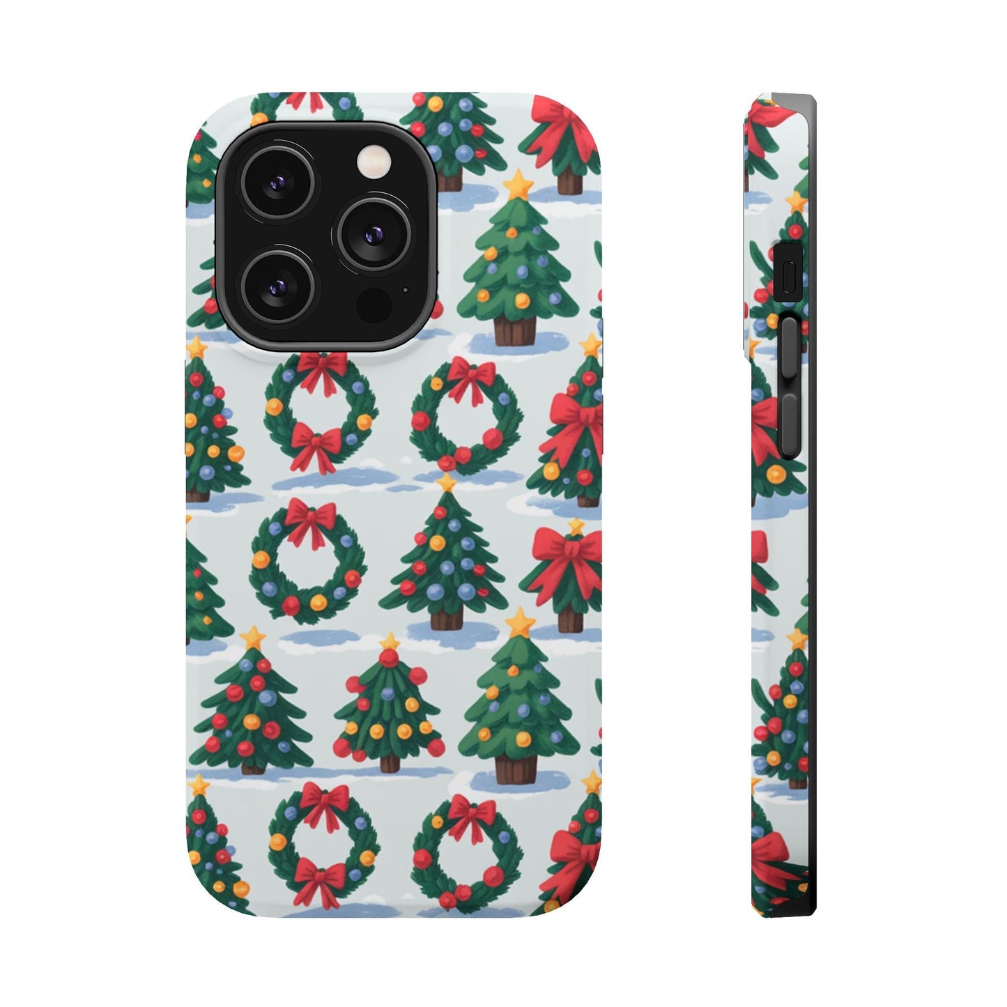 iPhone case with festive Holiday Tree and Wreath pattern in vibrant colors, durable dual-layer protection with MagSafe compatibility