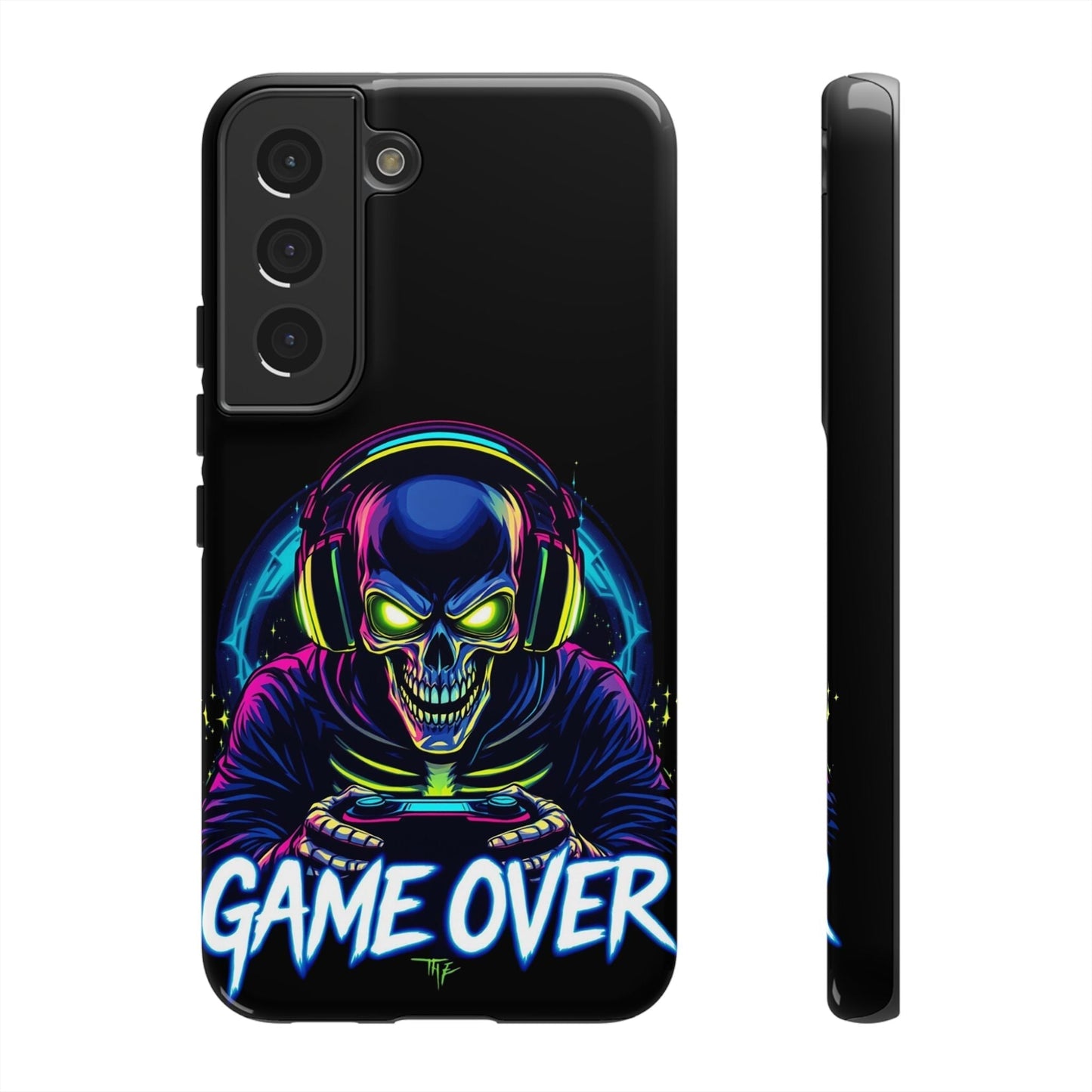 Game Over Design Samsung tough case with neon skull gamer graphic, impact-resistant protection for Galaxy phones