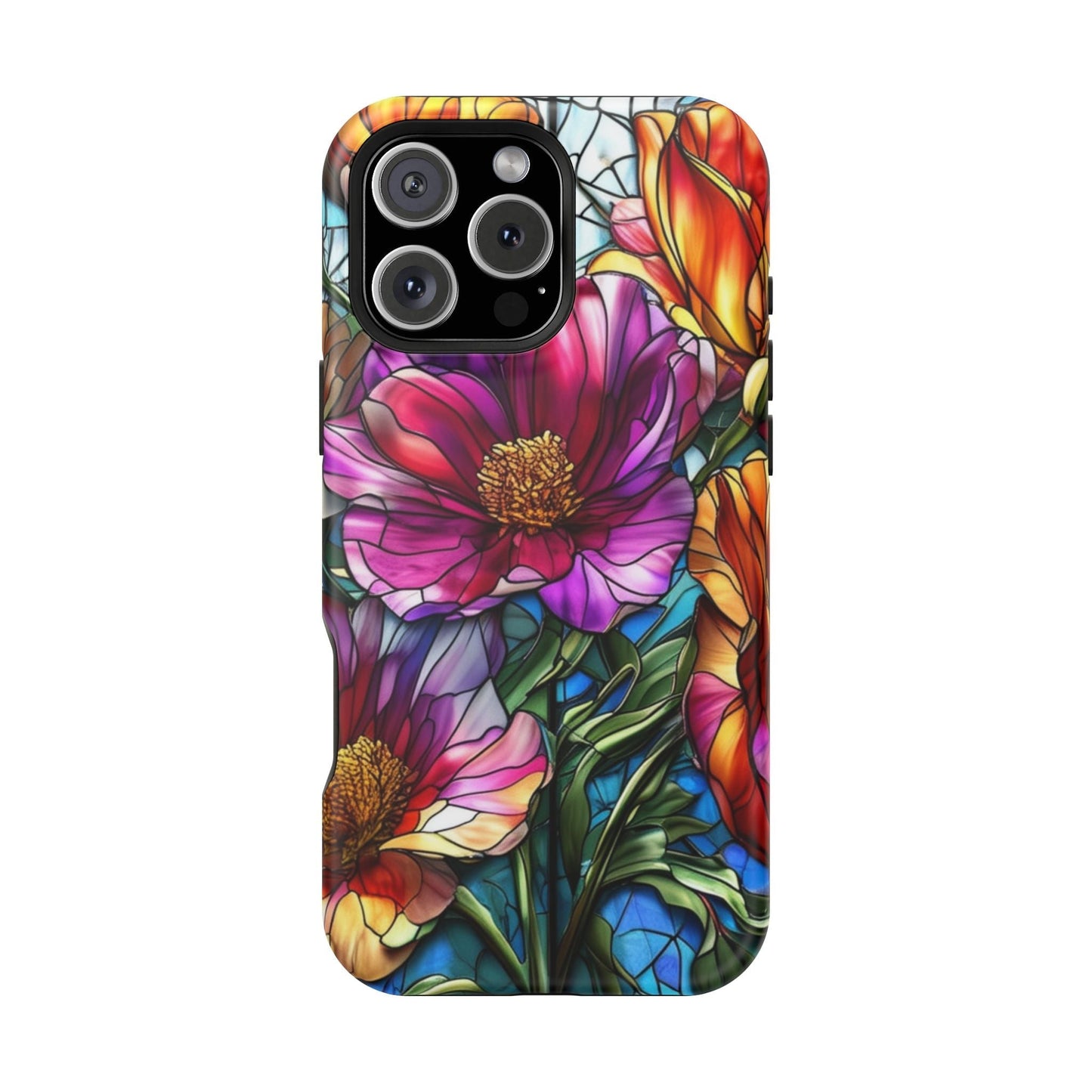 Vibrant purple flower iPhone case with photo-realistic print, durable polycarbonate, TPU liner, MagSafe compatible for iPhone 17 series