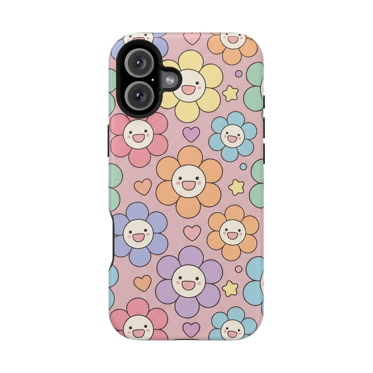 Happy Flower iPhone Tough Case with colorful smiling floral design, MagSafe compatible tough phone cover