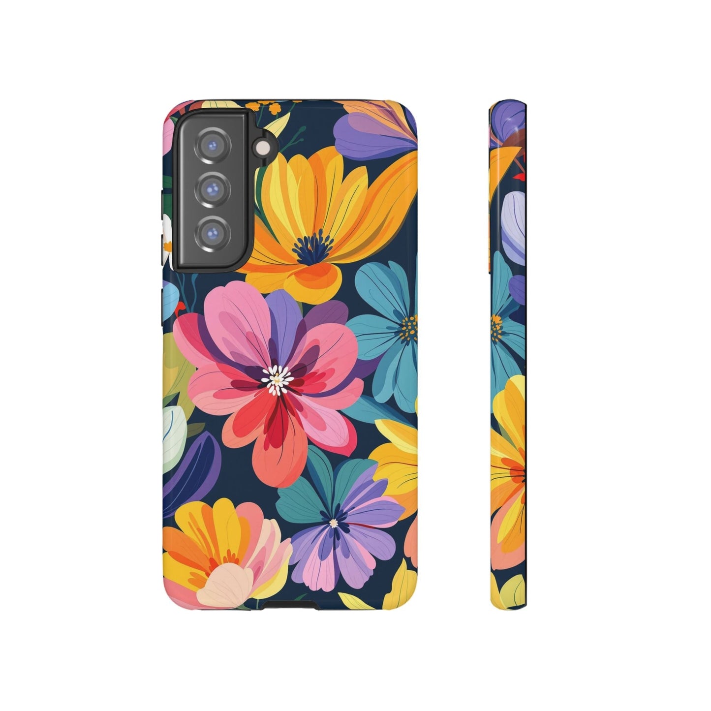 Colorful Floral Samsung Phone Case with vibrant flowers and shock-absorbing silicone liner for durable phone protection.