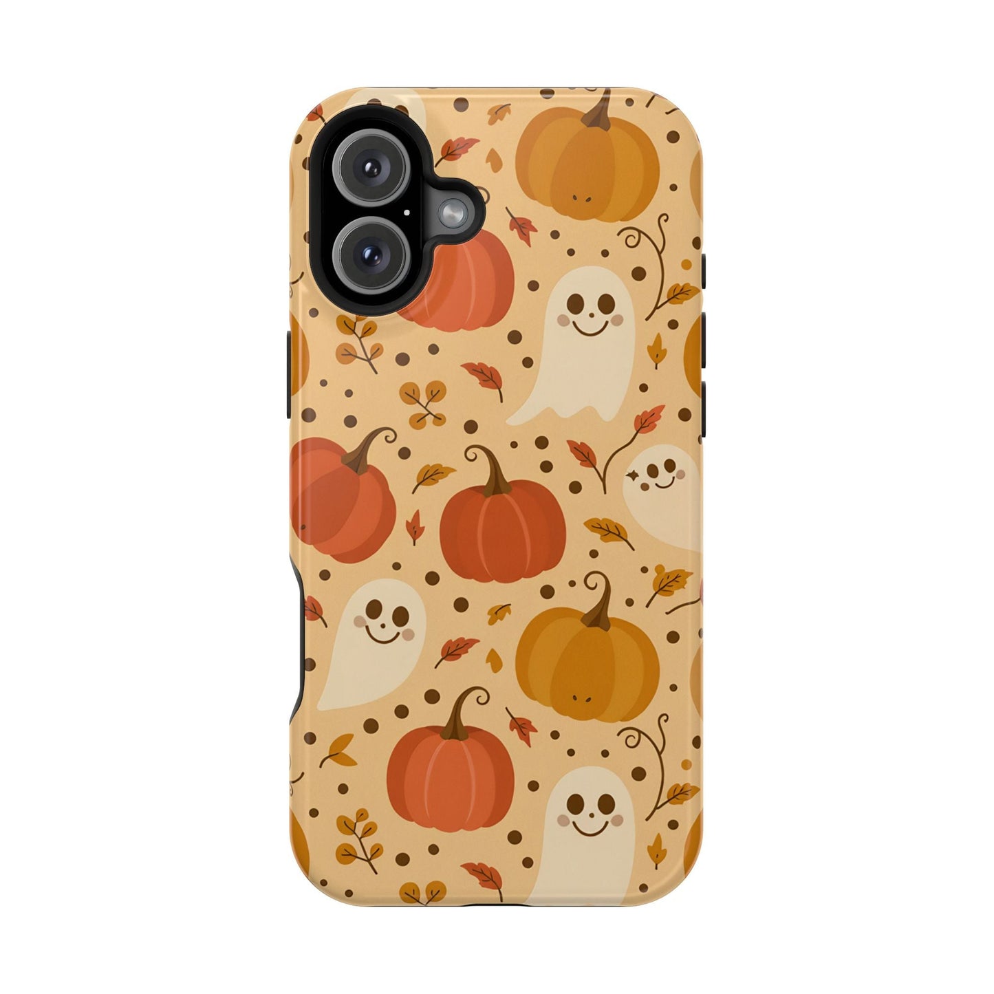 Spooky Pumpkins Halloween-themed iPhone case with ghosts and pumpkins design, durable protective cover with MagSafe compatibility