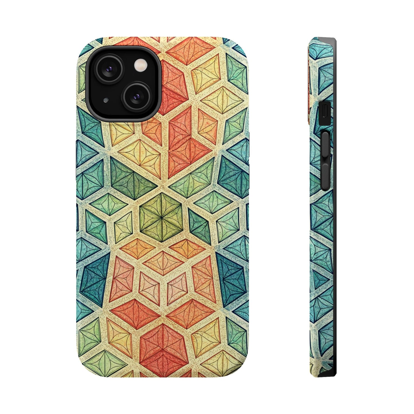 Colorful fractal geometric pattern iPhone magnetic tough case with durable dual-layer protection and MagSafe compatibility