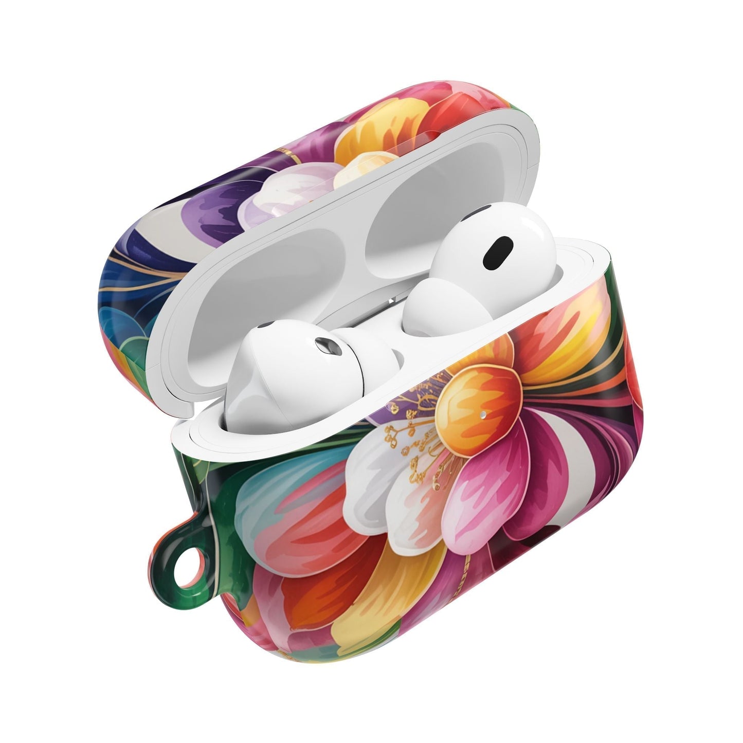 Floral inspired durable AirPod case with vibrant flower design and carabiner attachment