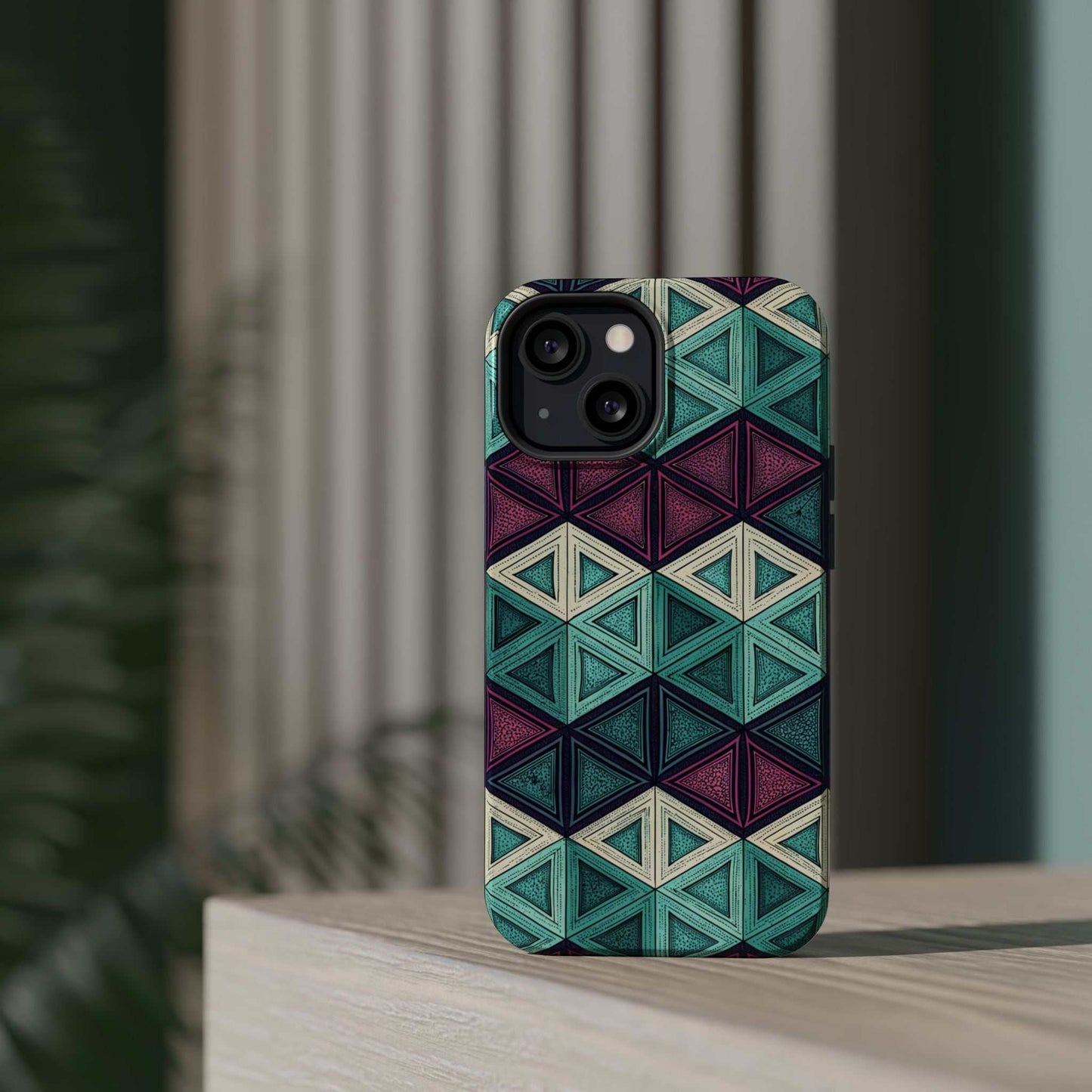 Purple and Teal Abstract geometric pattern magnetic iPhone tough case with MagSafe compatibility
