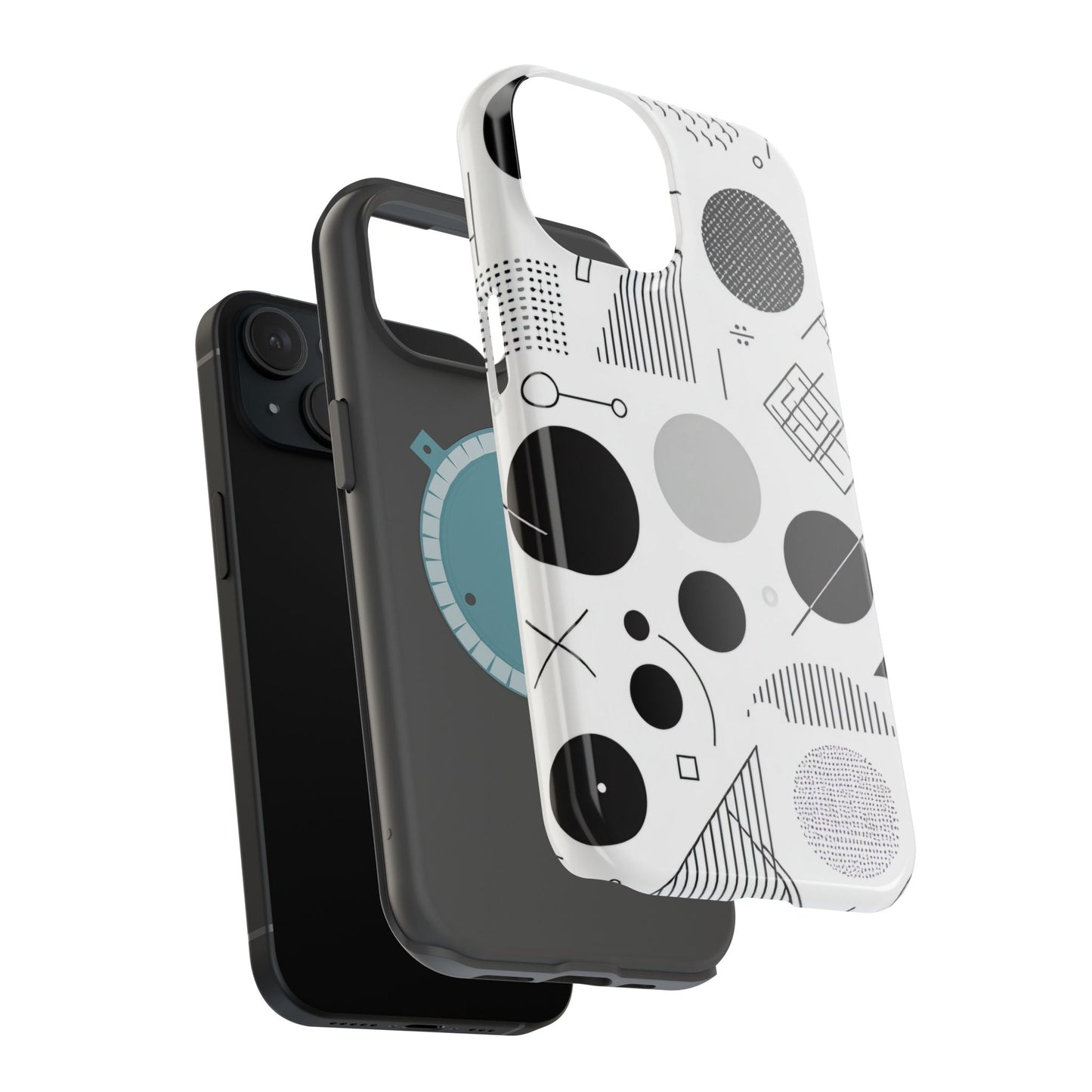 Black and white abstract art iPhone case with modern geometric design and MagSafe compatibility