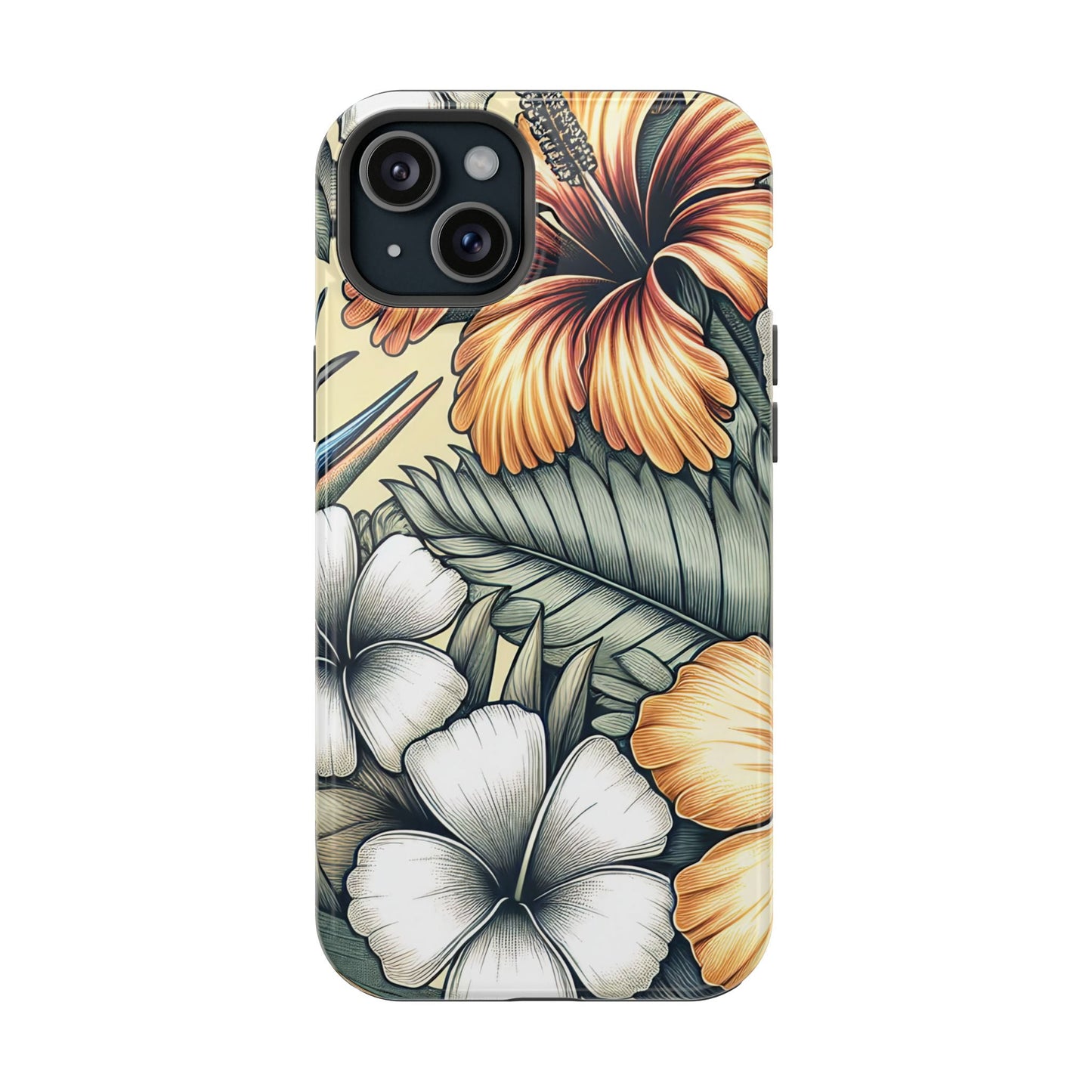 Golden Tropical Floral iPhone tough case with durable dual-layer protection and MagSafe compatibility