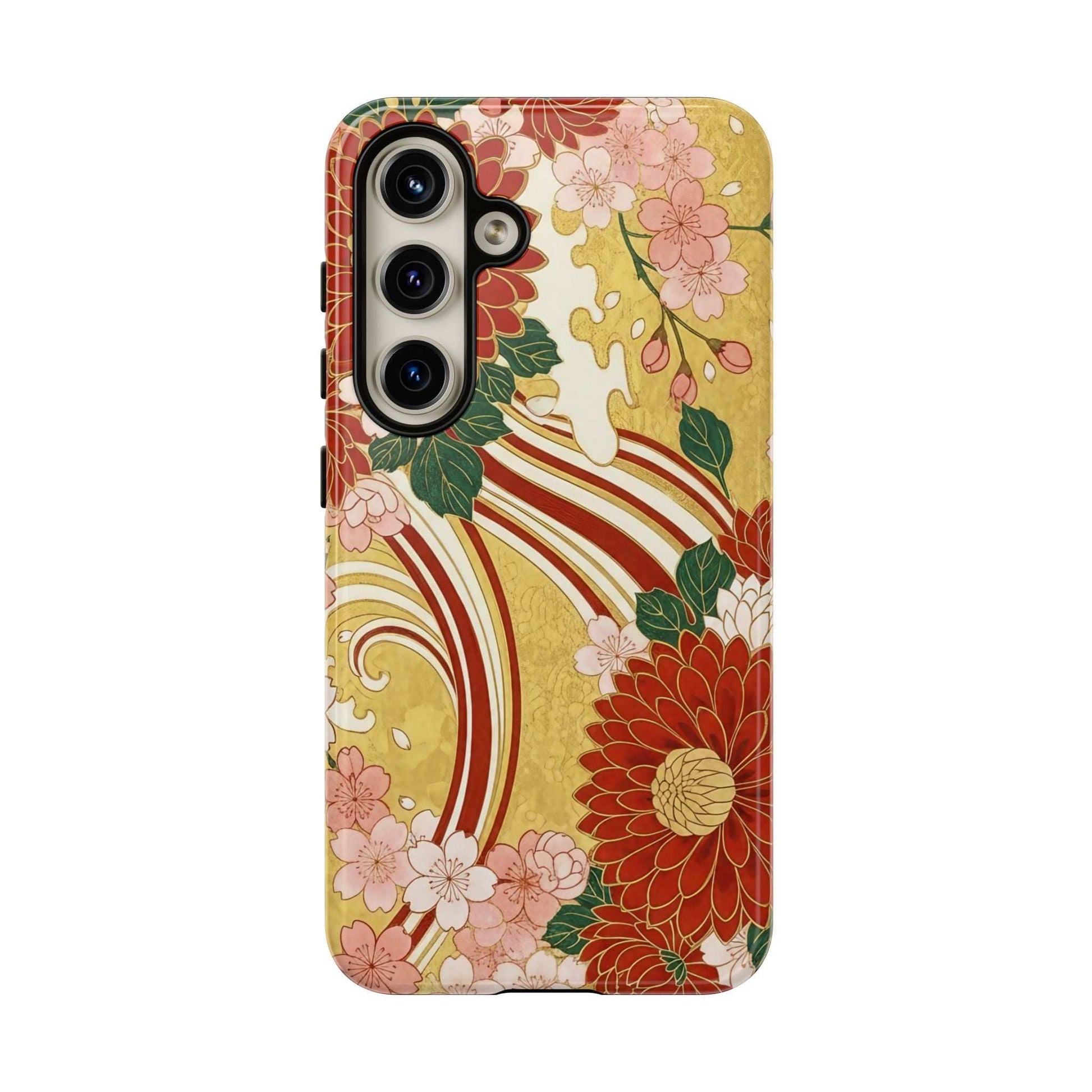 Samsung Case with Japanese floral gold chrysanthemum design, durable and impact-resistant phone cover