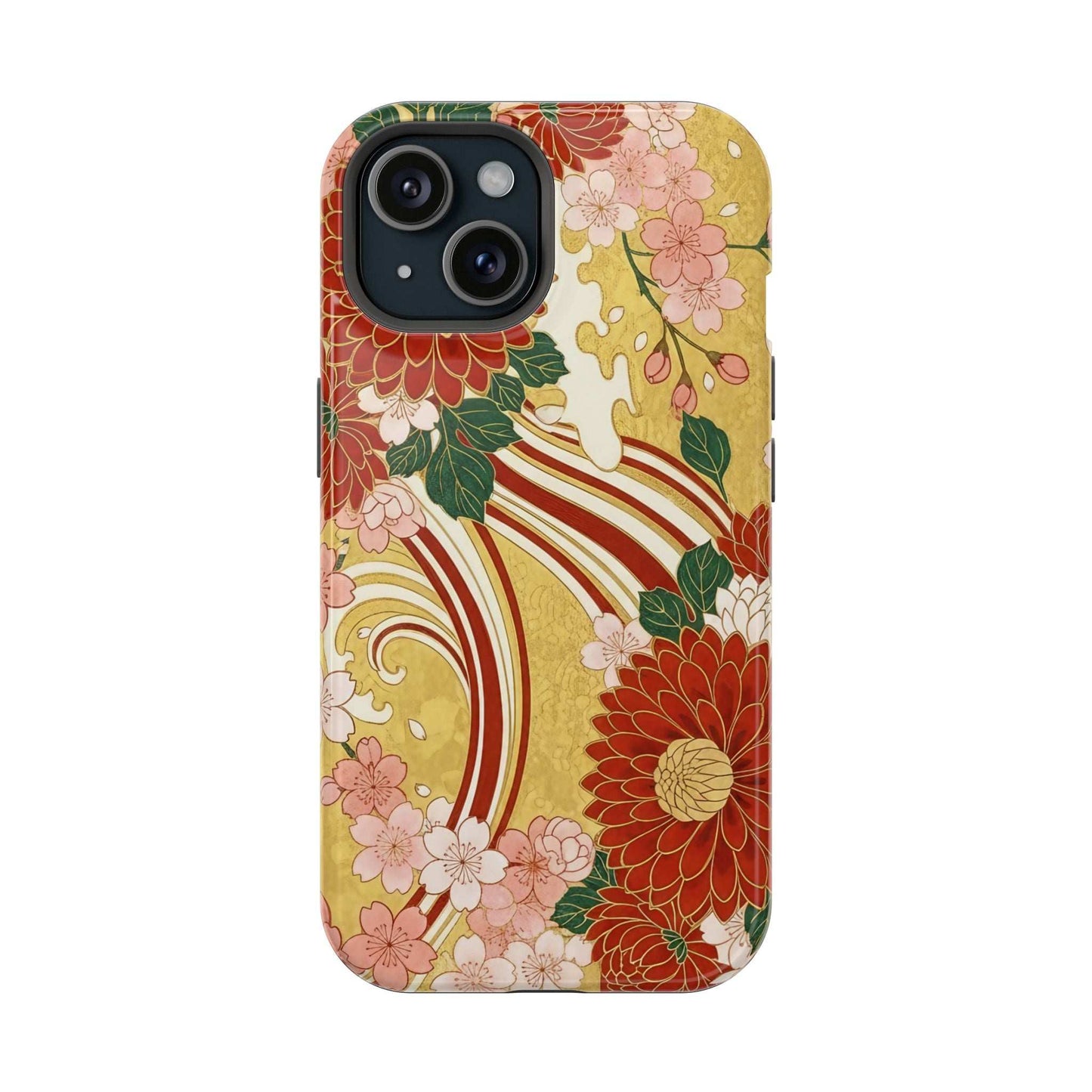 iPhone case with Japanese chrysanthemum and cherry blossom floral design, impact-resistant and MagSafe compatible
