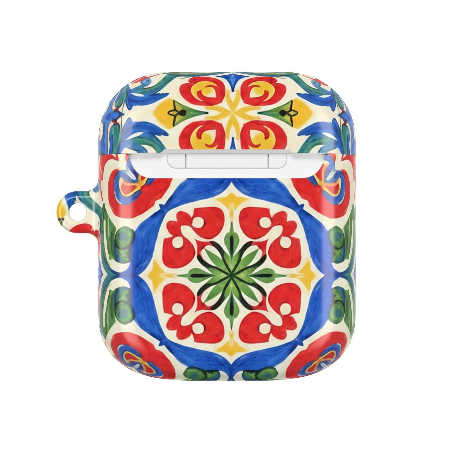 Mediterranean hand-painted folk tile design AirPods case with vibrant red, blue, green, and yellow ceramic-inspired pattern and glossy finish