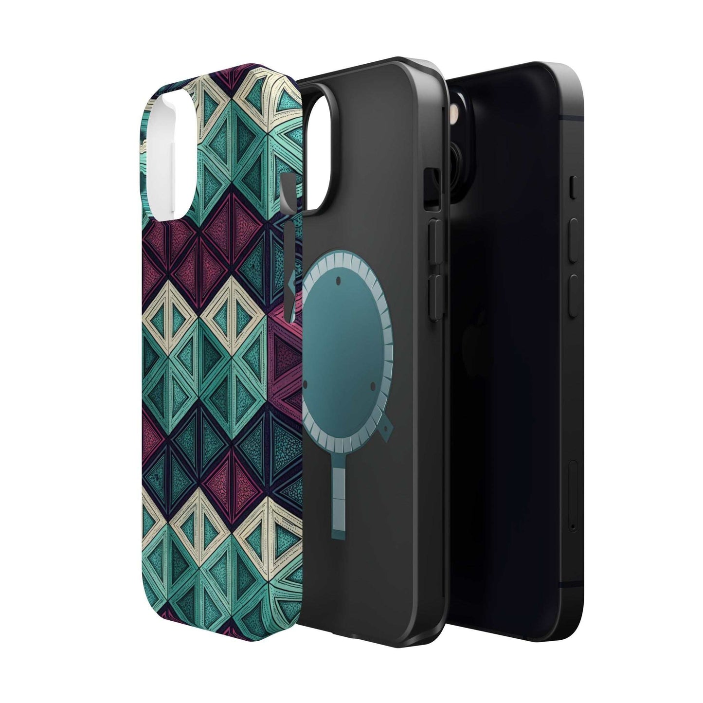 Purple and Teal Abstract magnetic tough iPhone case with MagSafe compatibility and geometric design