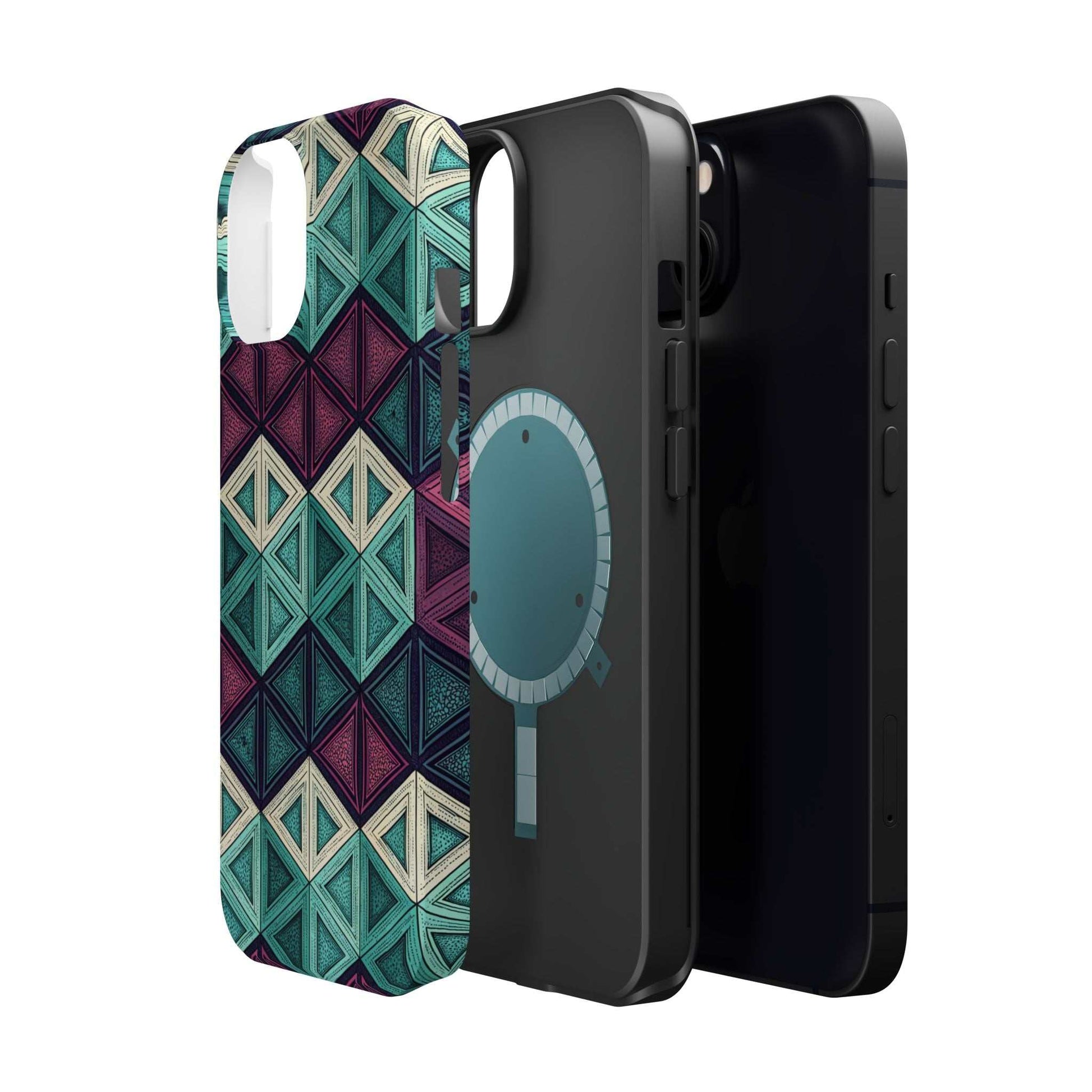 Purple and Teal Abstract magnetic tough iPhone case with MagSafe compatibility and geometric design