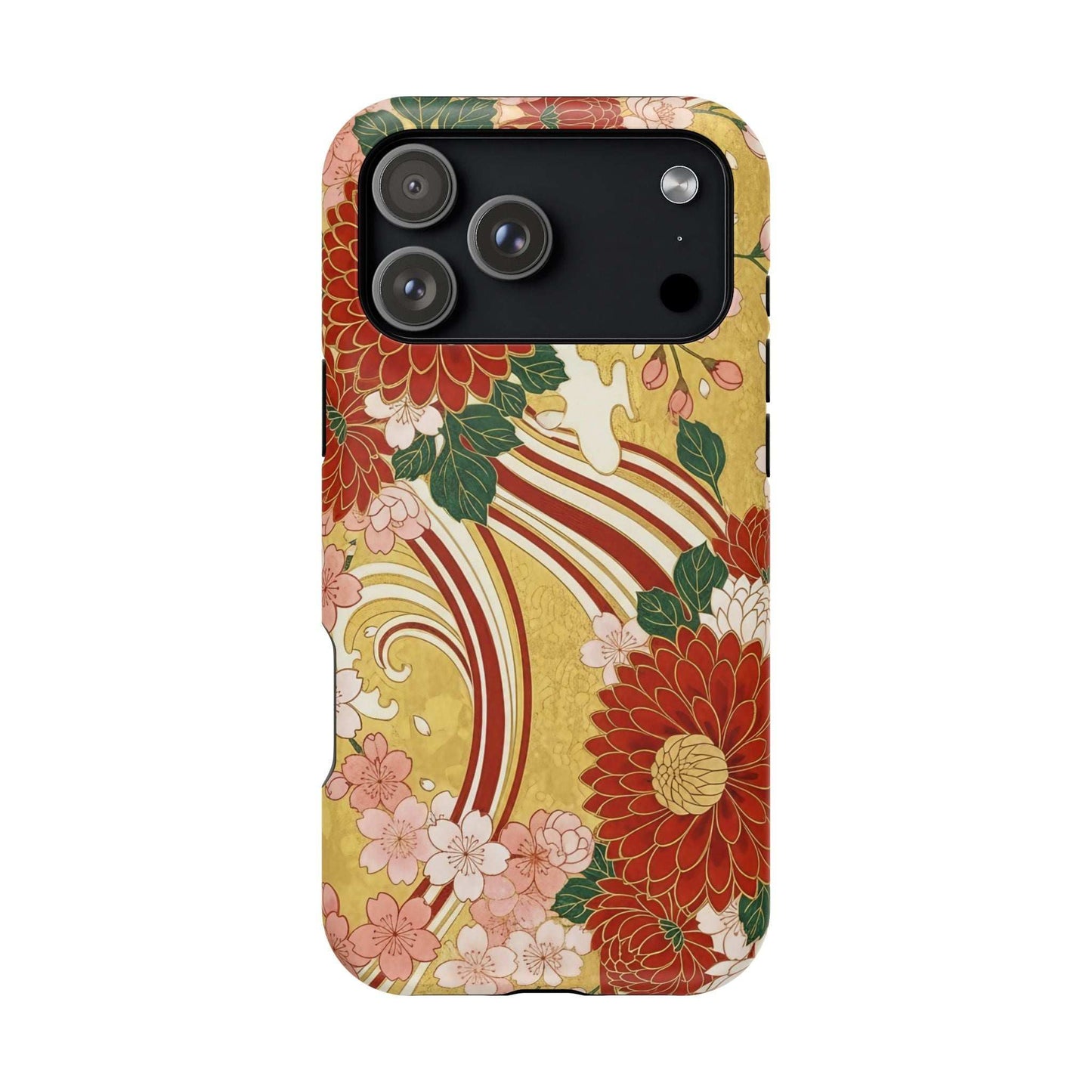 iPhone case with Japanese chrysanthemum and cherry blossom design, magnetic, impact-resistant, slim, dual-layer protection