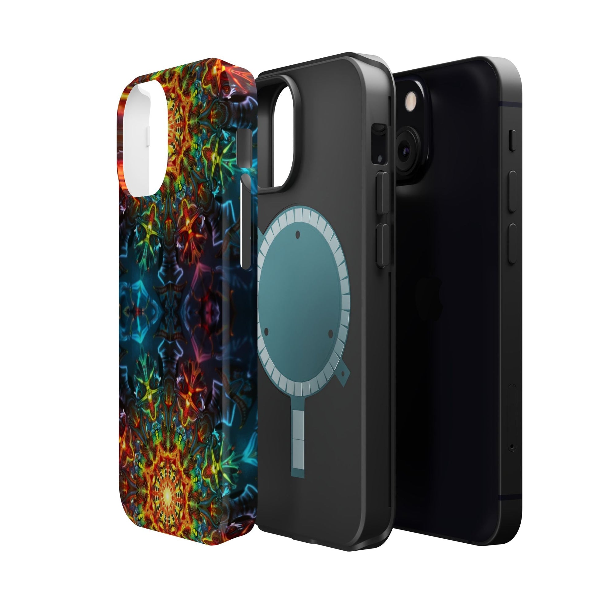 iPhone case with vibrant Abstract Kaleidoscope Design, dual-layer protective shell, and MagSafe compatibility