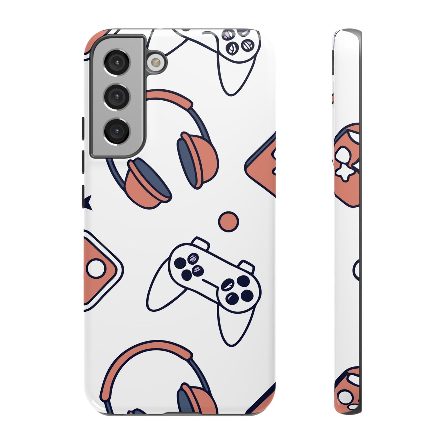 Samsung phone case with gamer-themed controller and headset design, durable and impact-resistant protective cover