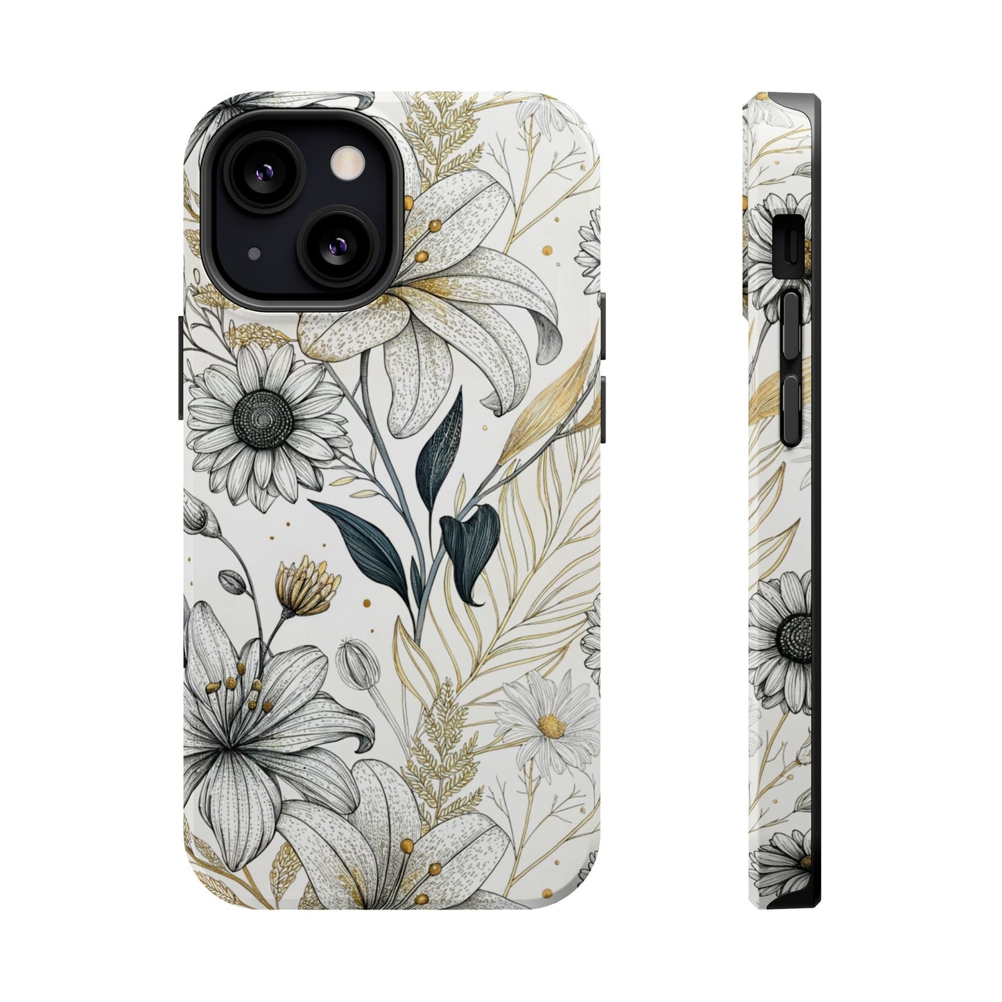 Golden Leaf Flower modern minimalist tough iPhone case with dual-layer protection and MagSafe compatibility