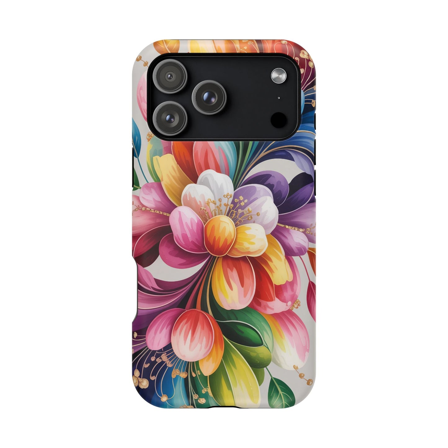 Vibrant Floral iPhone Case with colorful flower design, dual-layer protection, and MagSafe compatibility