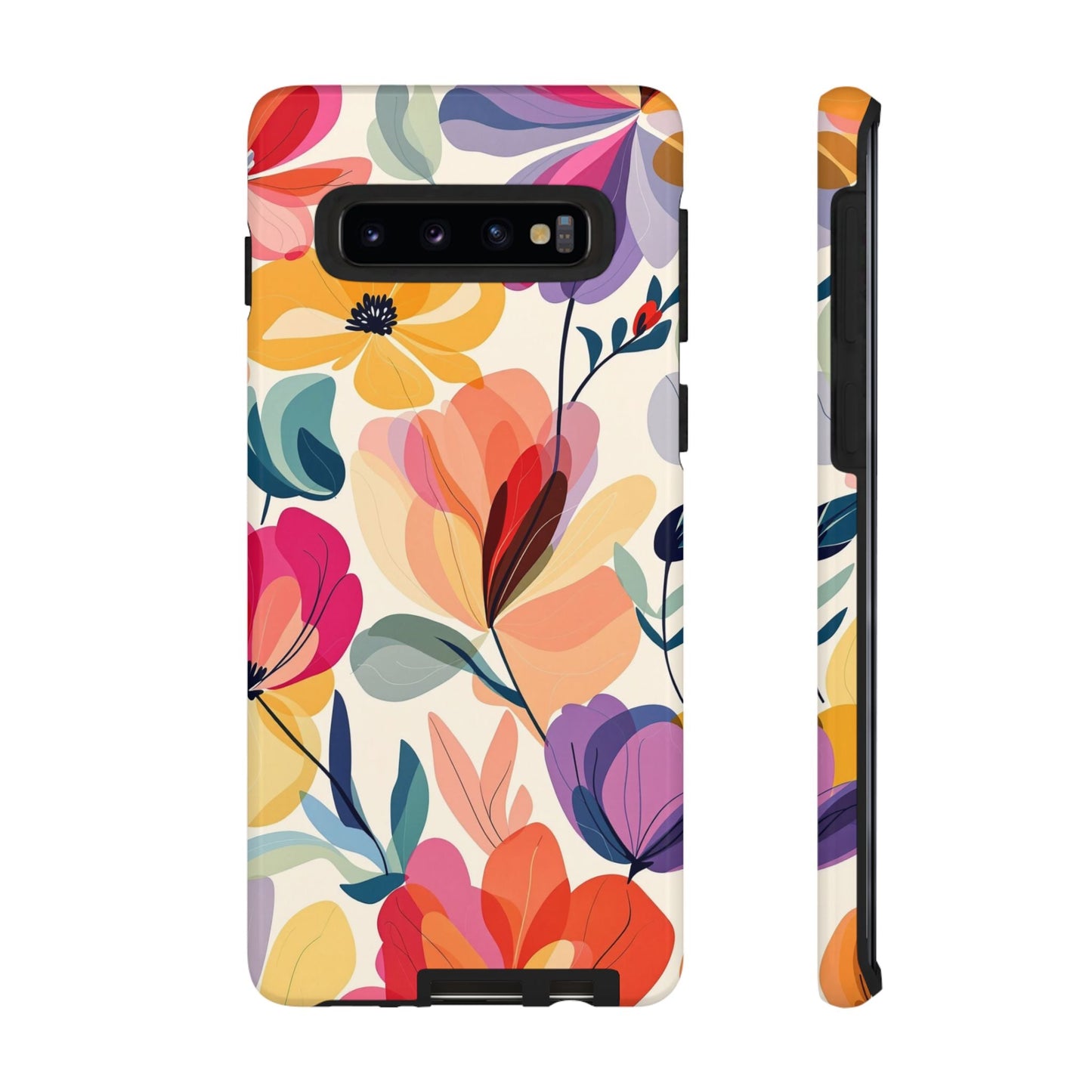 Samsung phone case with vibrant watercolor floral design, durable dual-layer protection, and shock absorption