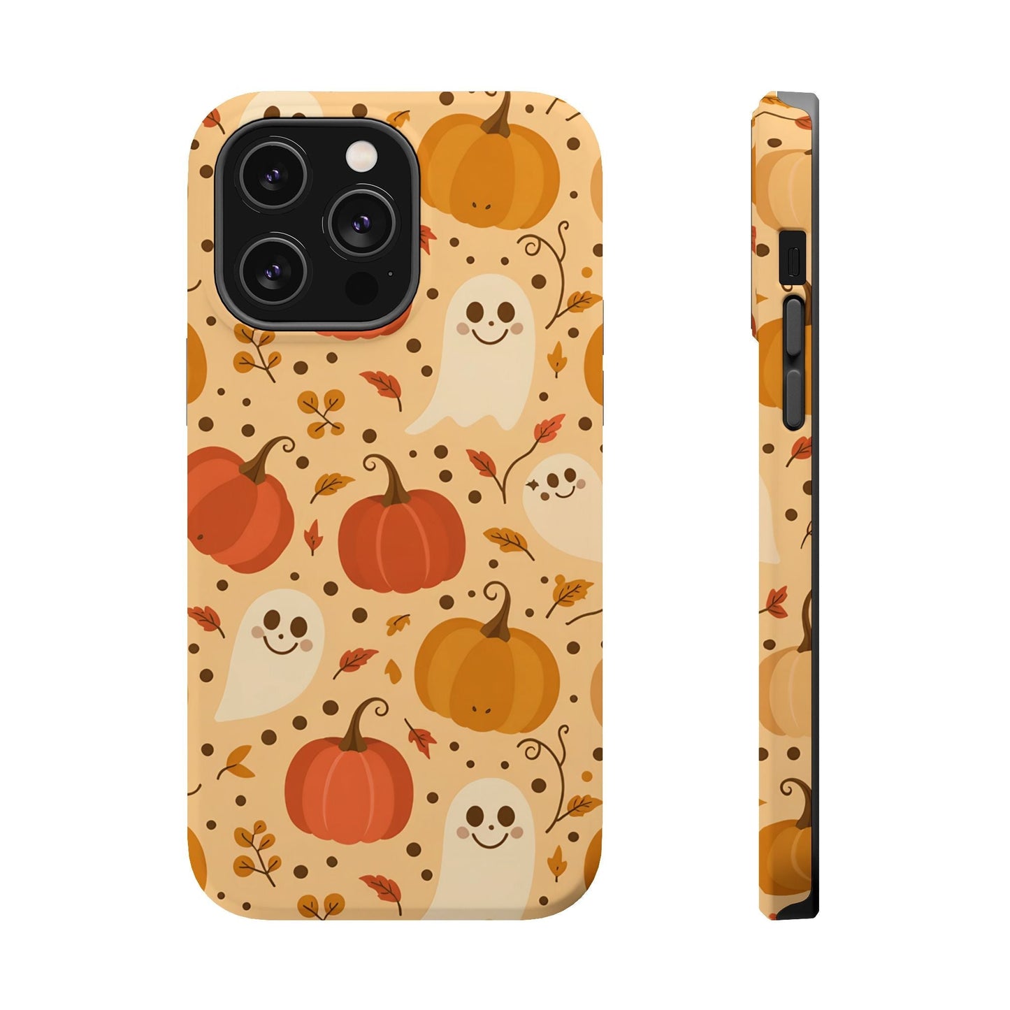 Spooky Pumpkins iPhone case with Halloween ghost and pumpkin design, durable protective phone cover with MagSafe compatibility