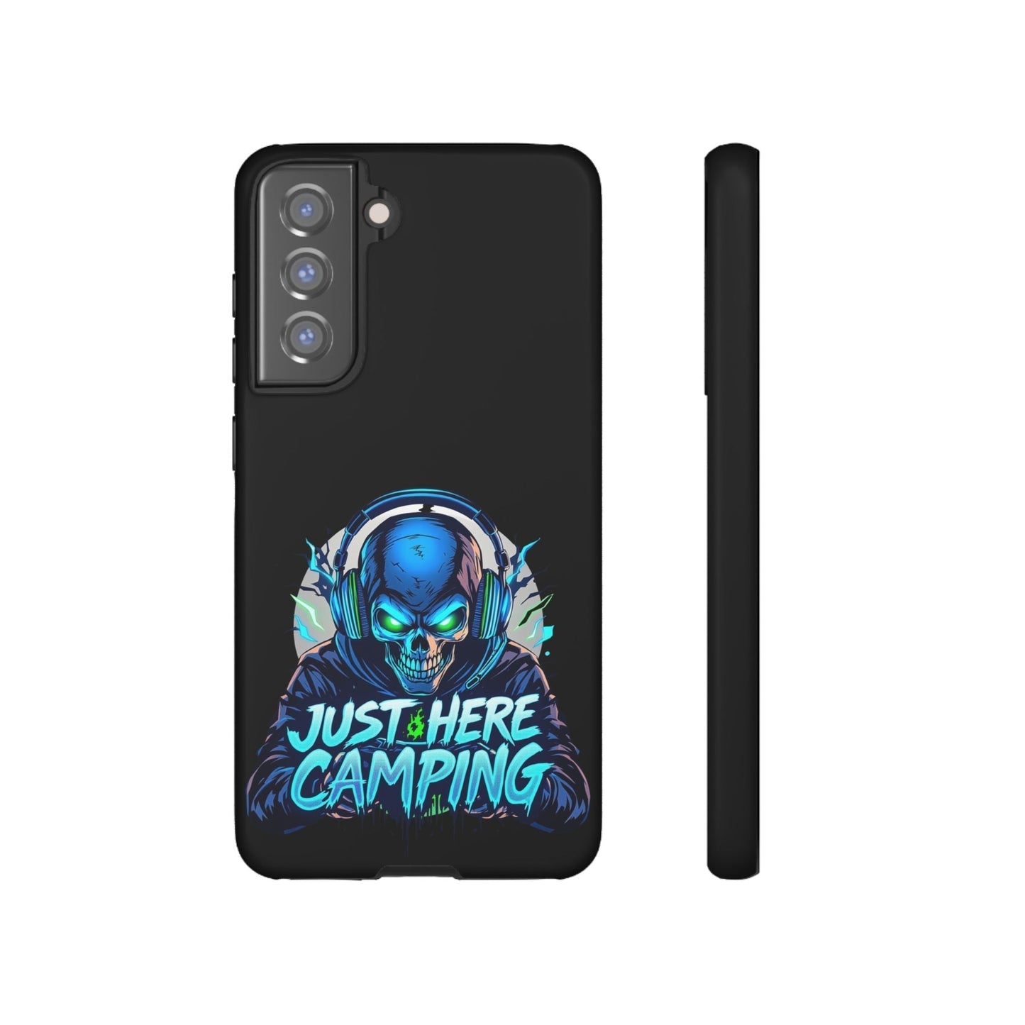 Samsung Tough Case for gamers with vibrant "Just Here Camping" skull design, durable protection for gaming enthusiasts.