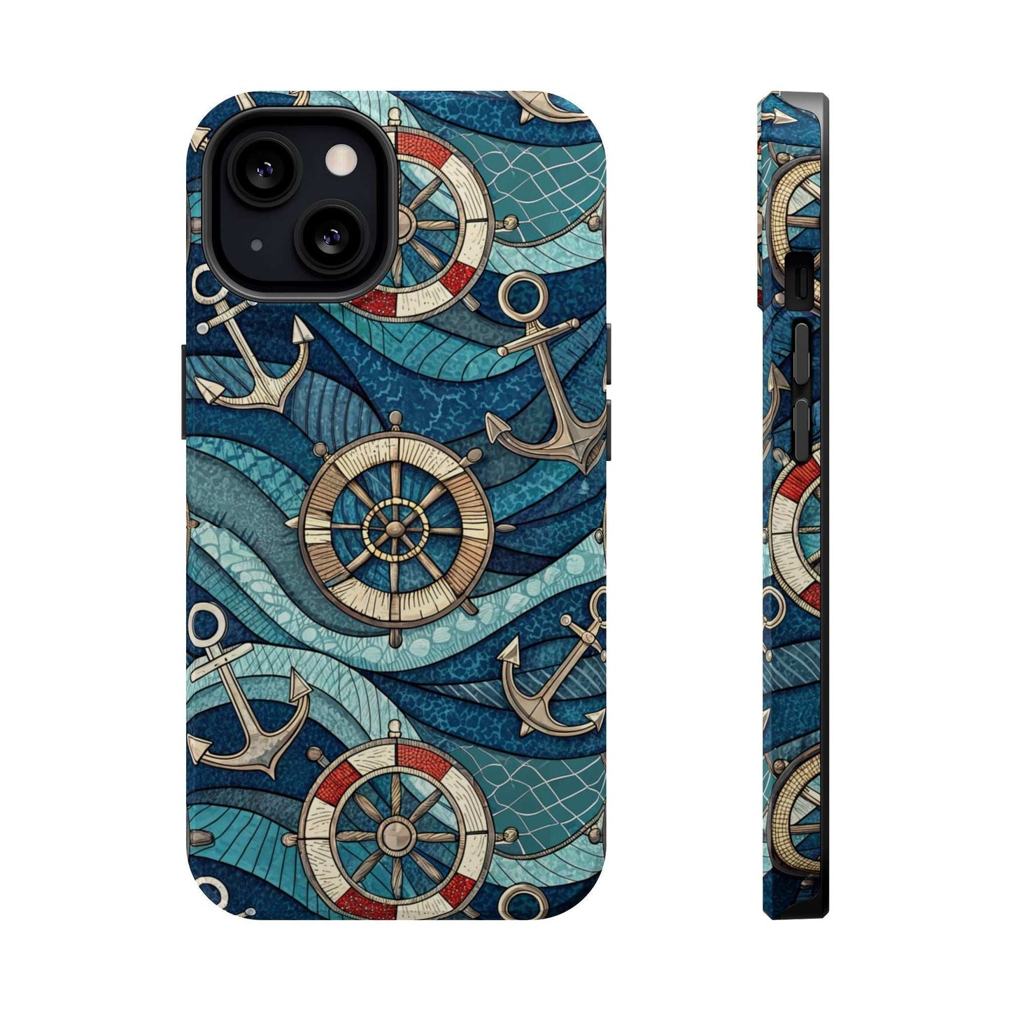 Nautical Theme iPhone Case with anchors and ship wheels in blue ocean design for iPhone 13 to 16 series