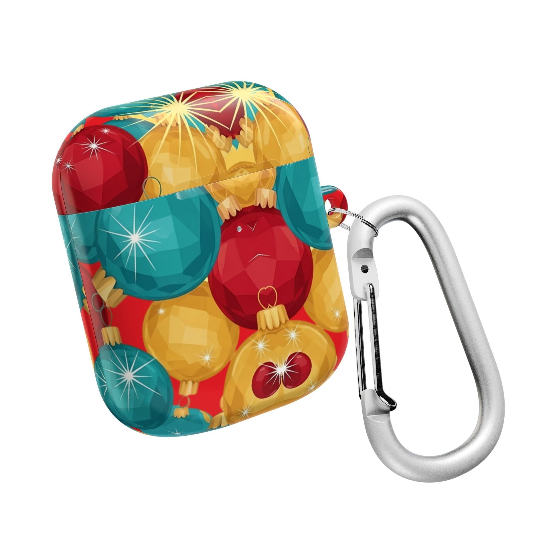 Christmas-themed bulb design AirPod case with attached carabiner clip for protection and portability