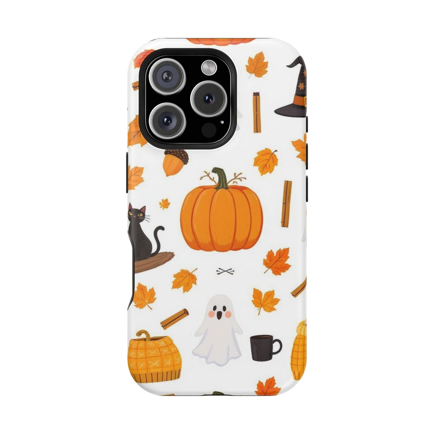 iPhone case with Halloween pumpkins, ghosts, and autumn leaves design