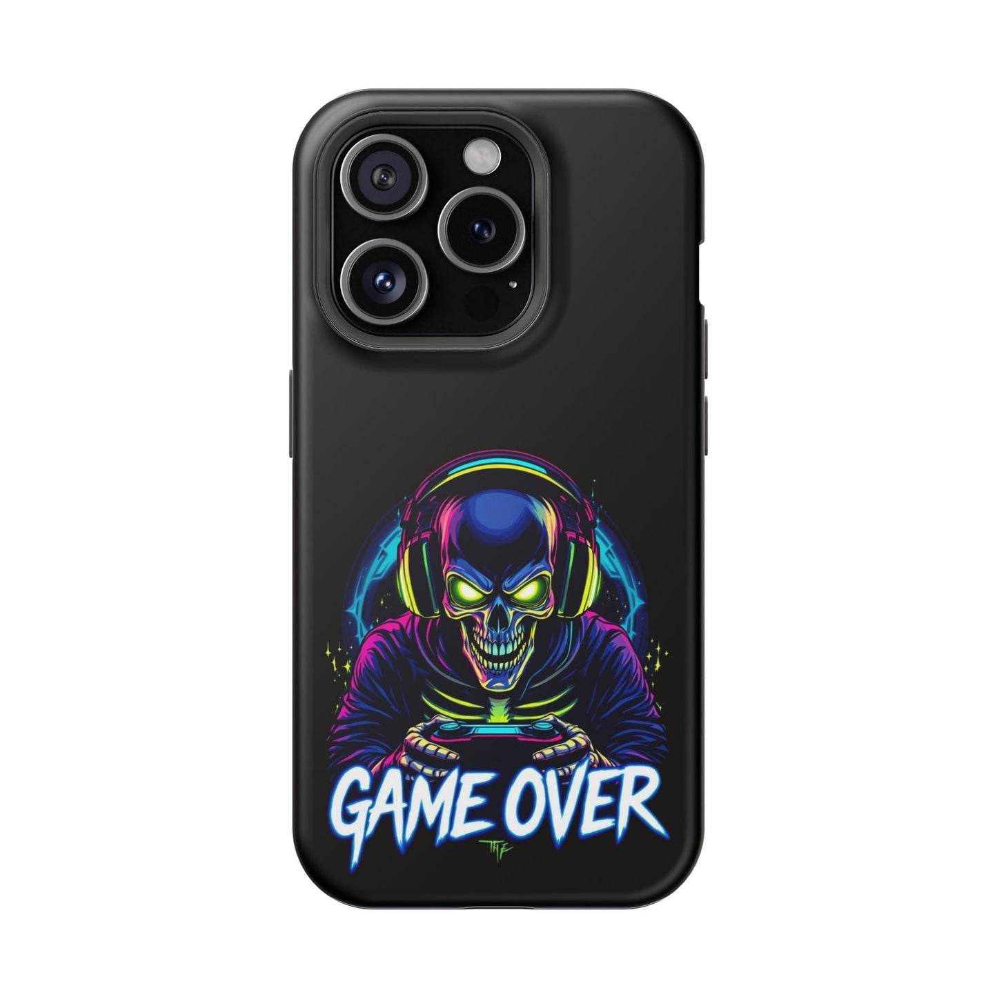 Game Over Gamer iPhone tough case with neon skull gamer design and MagSafe compatibility for durable protection