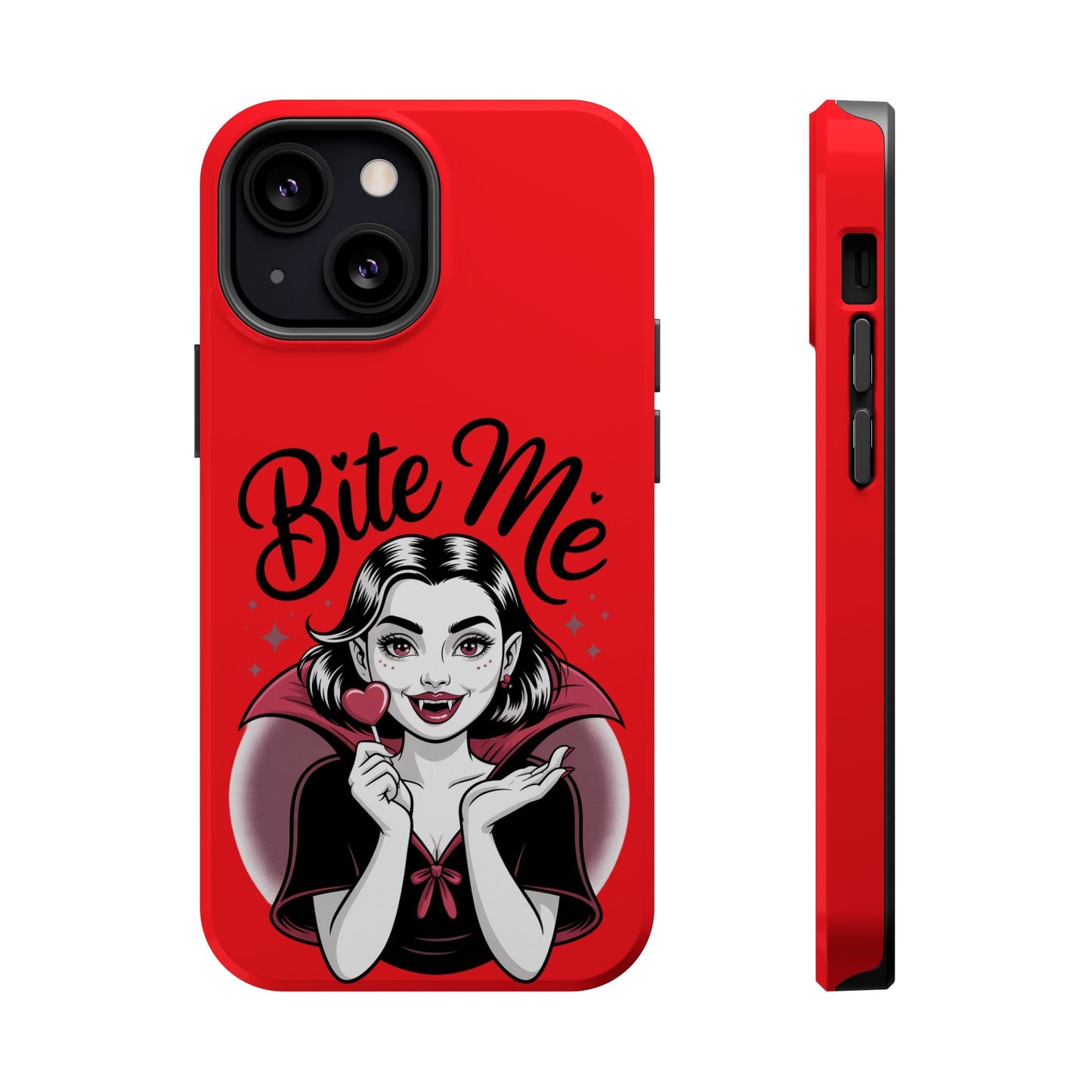 Red Halloween Vampire iPhone case with "Bite Me" text and vampire girl holding a heart-shaped lollipop, durable MagSafe compatible design