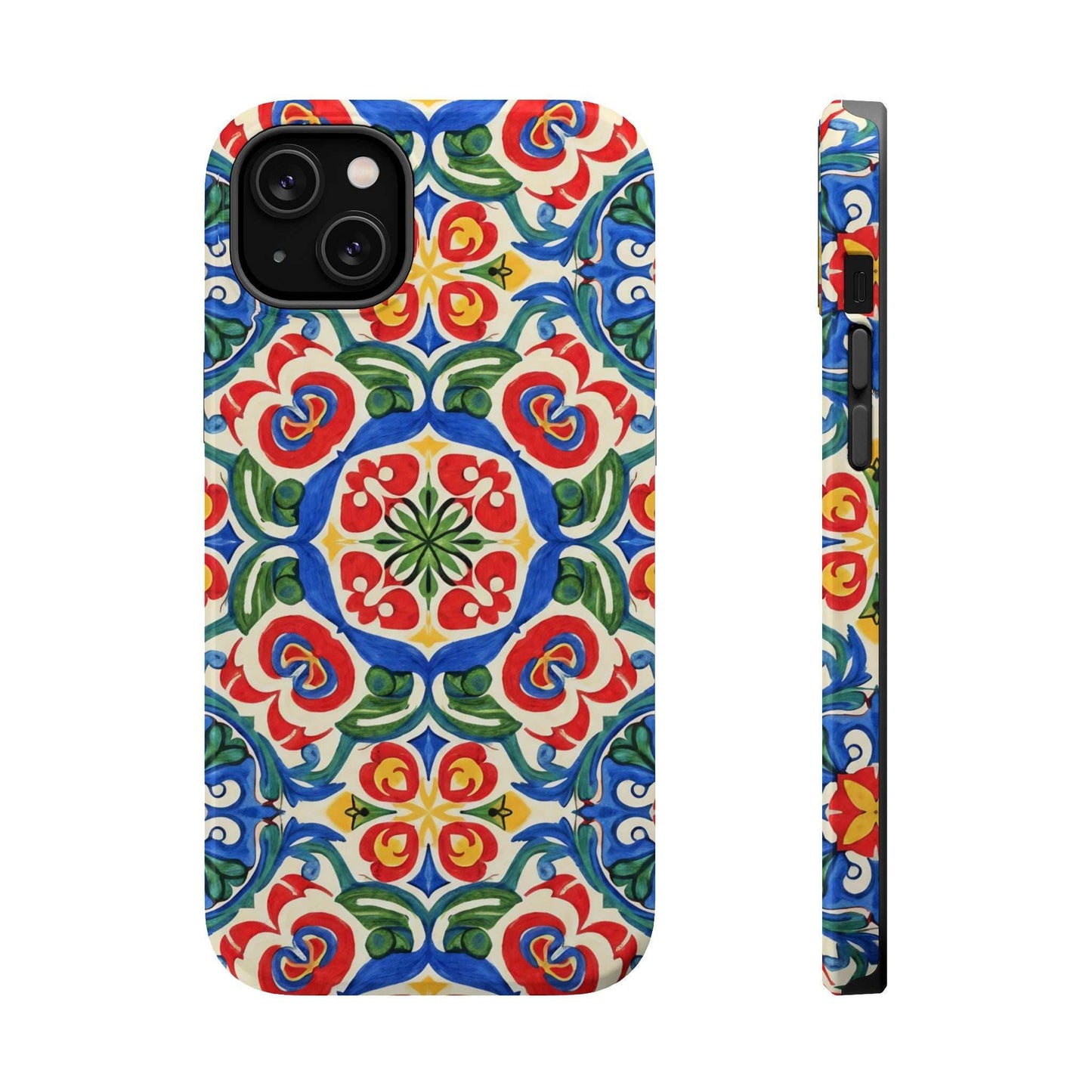 Mediterranean iPhone case with colorful folk tile art pattern and MagSafe compatibility