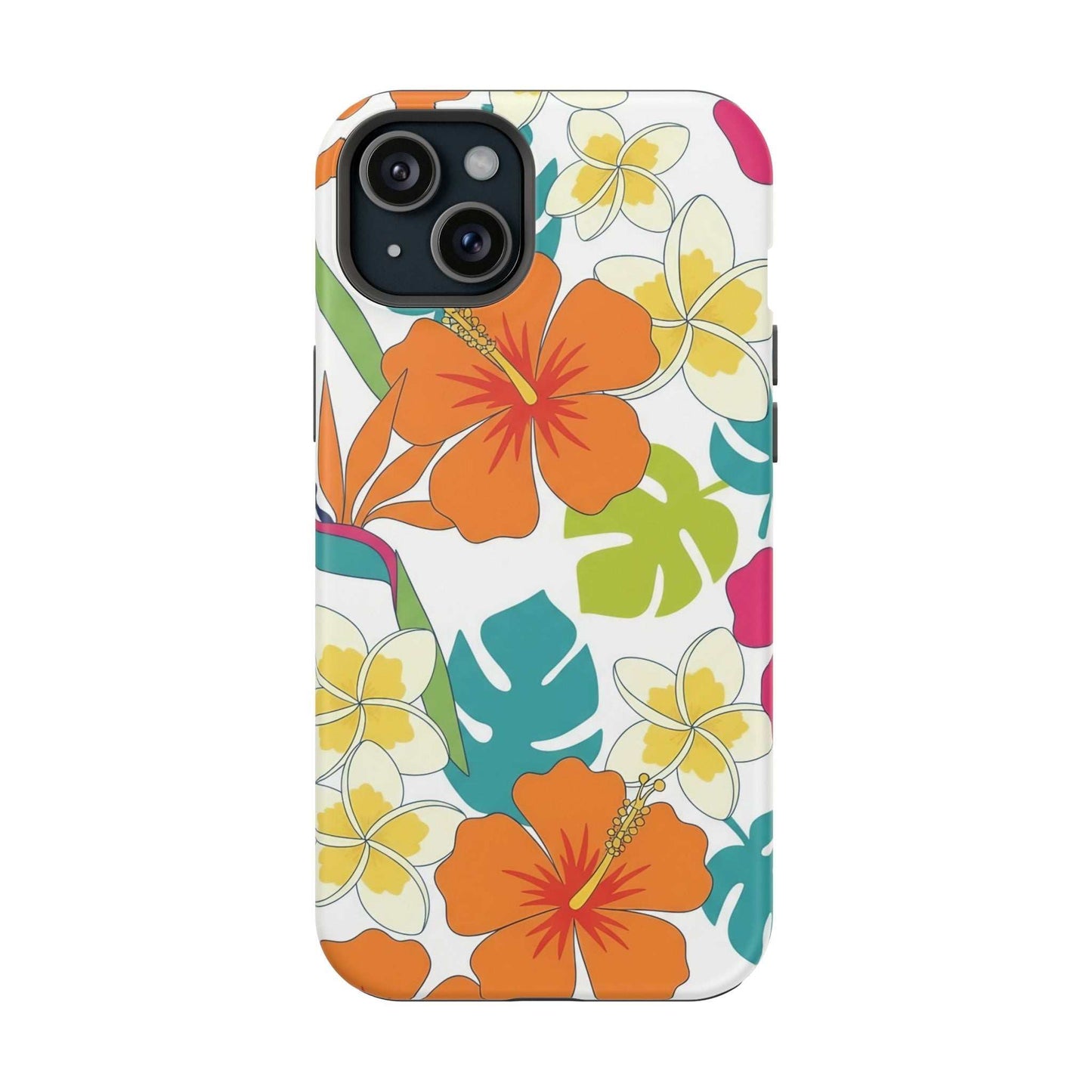 Orange floral iPhone case with impact-resistant dual-layer design and MagSafe compatibility