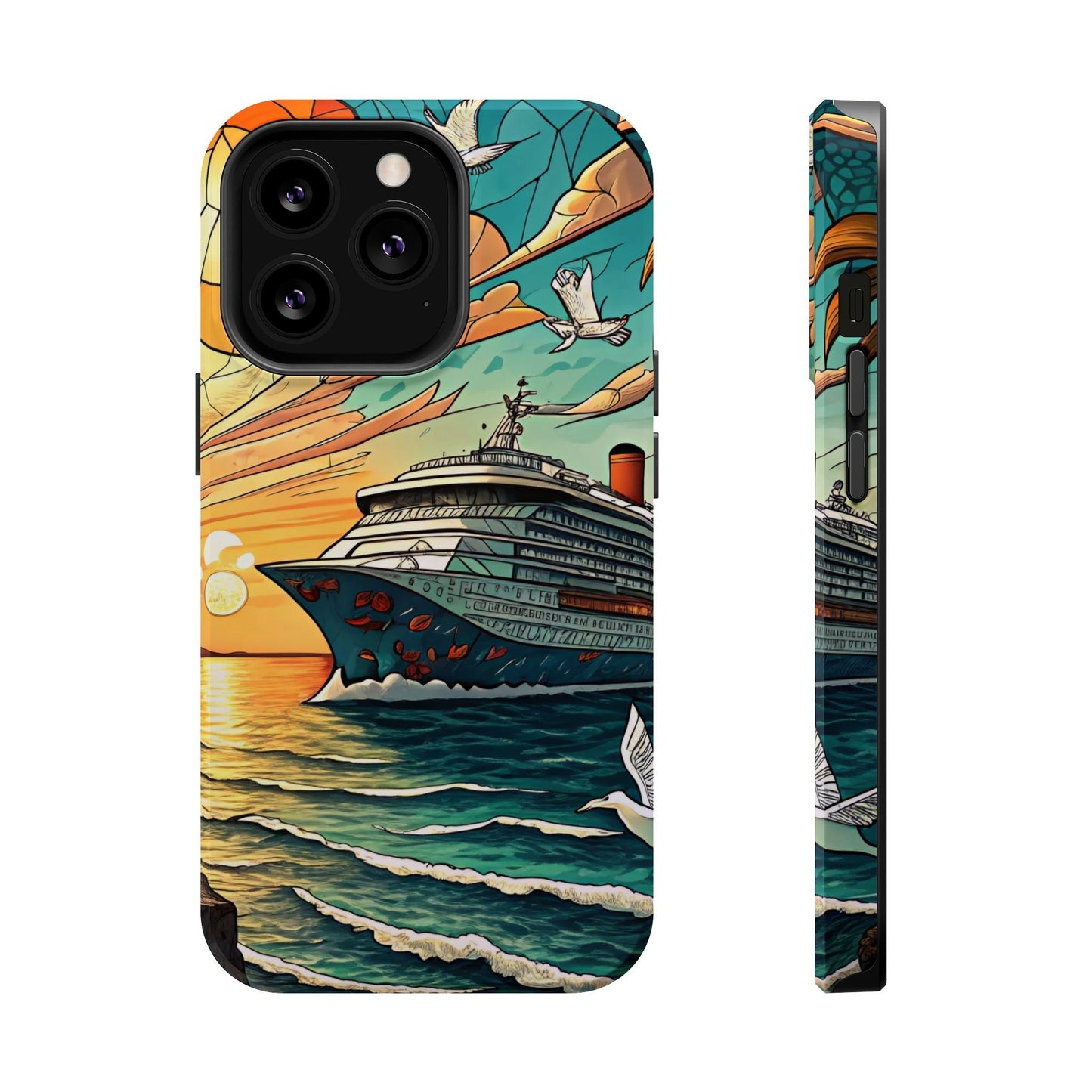 Cruise Vacation iPhone tough case with dual-layer protection featuring vibrant ocean and cruise ship design, MagSafe compatible.