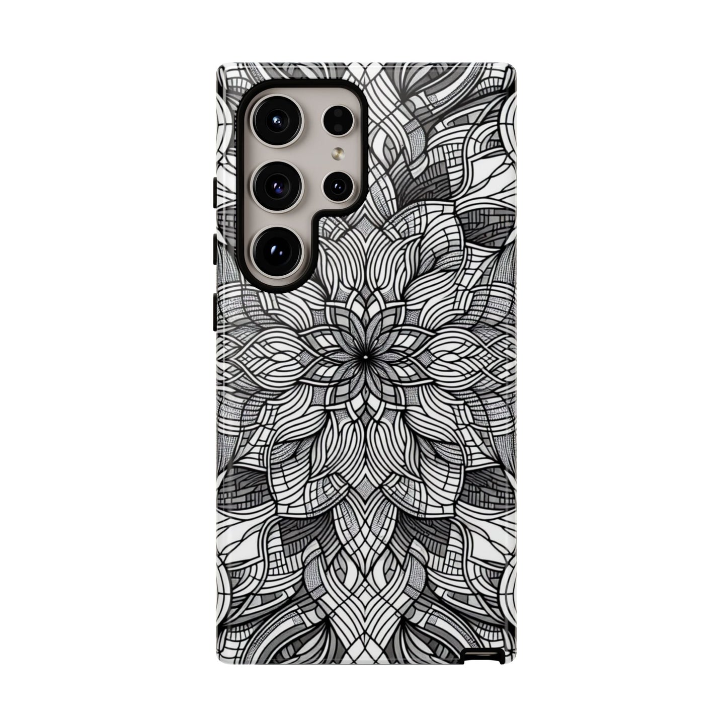 Samsung phone case with black and white intricate art explosion design for full device protection